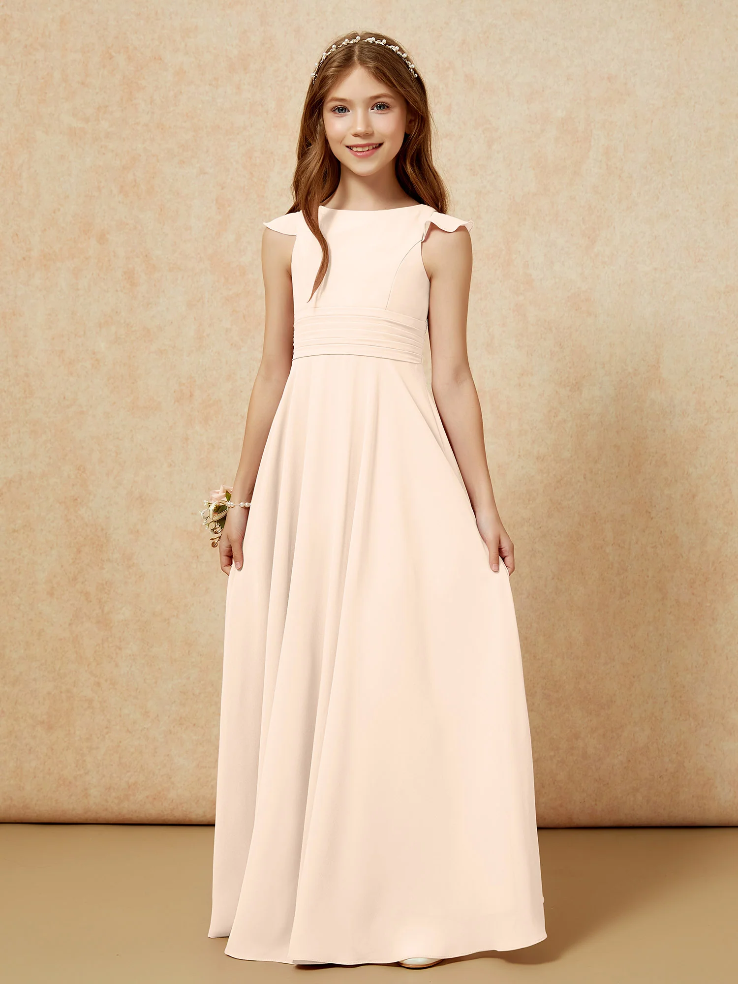 Jewel Neck Flutter Sleeves Chiffon Junior Bridesmaid Dresses Peach - Image 6
