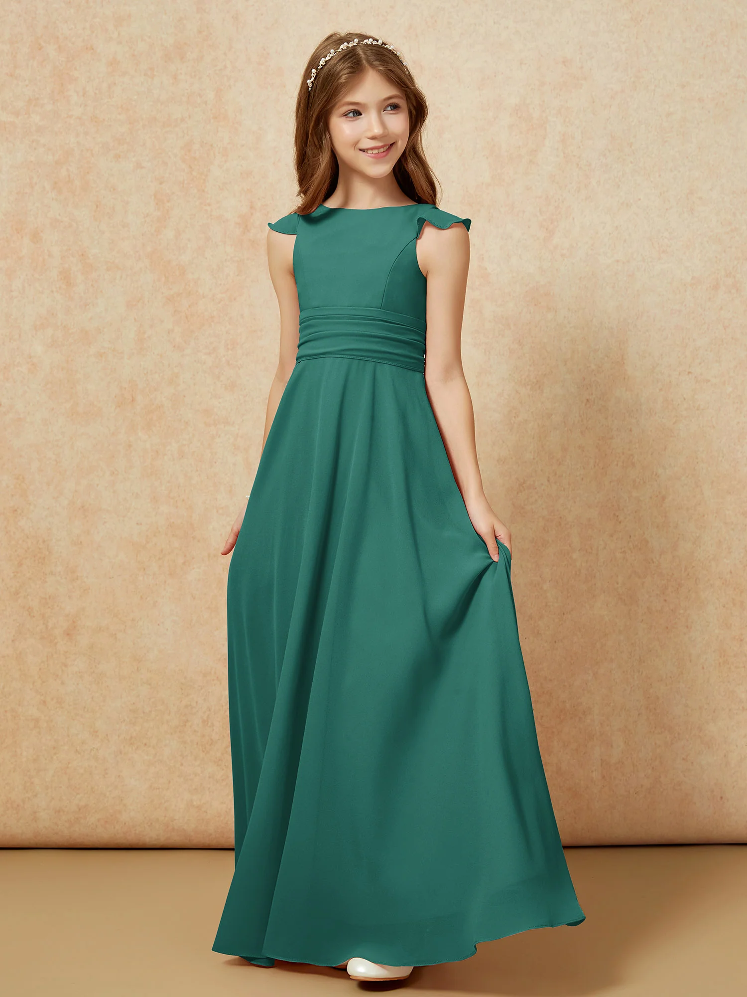 Jewel Neck Flutter Sleeves Chiffon Junior Bridesmaid Dresses Peacock - Image 3