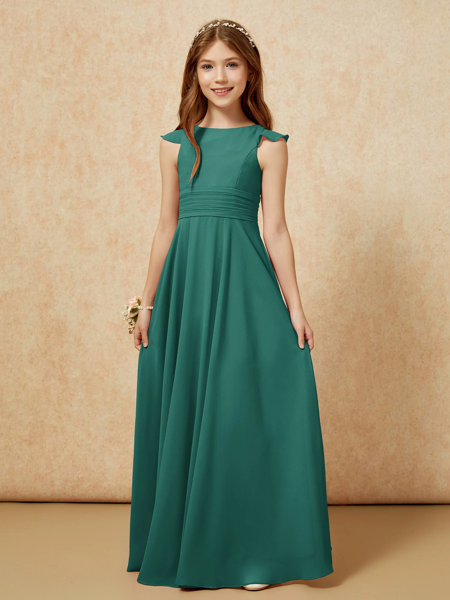 Jewel Neck Flutter Sleeves Chiffon Junior Bridesmaid Dresses Peacock - Image 6