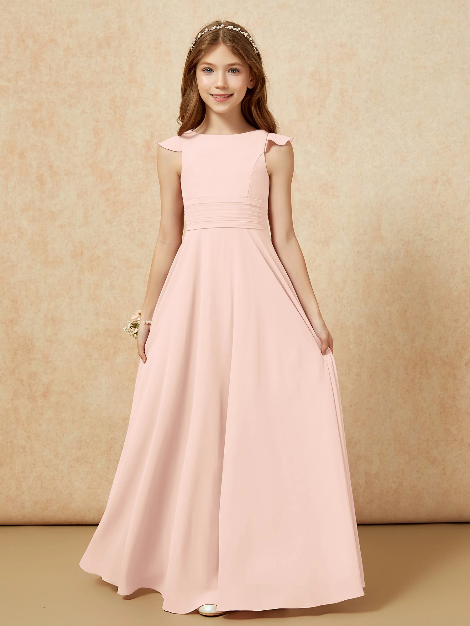 Jewel Neck Flutter Sleeves Chiffon Junior Bridesmaid Dresses Pearl Pink