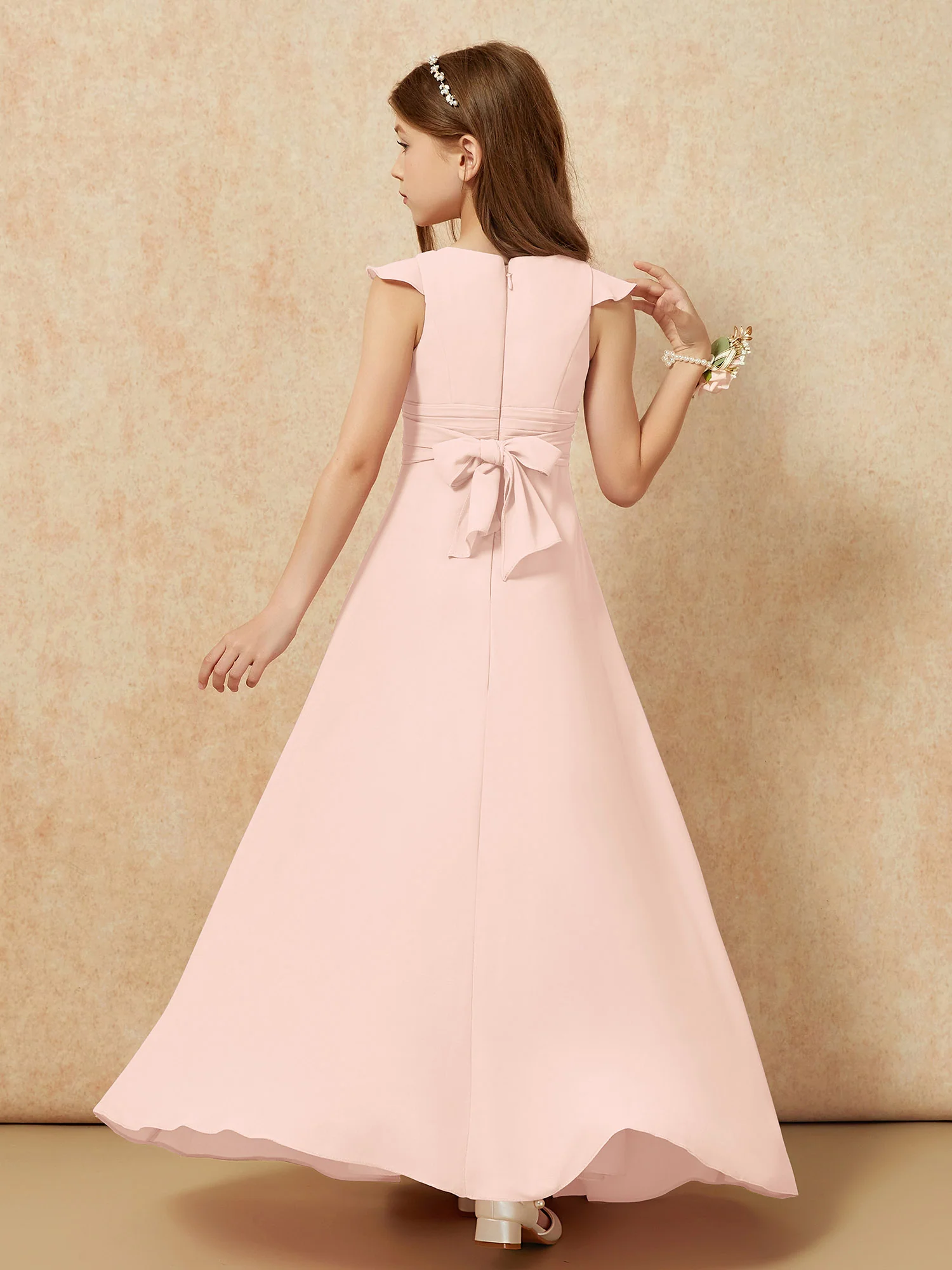 Jewel Neck Flutter Sleeves Chiffon Junior Bridesmaid Dresses Pearl Pink - Image 2