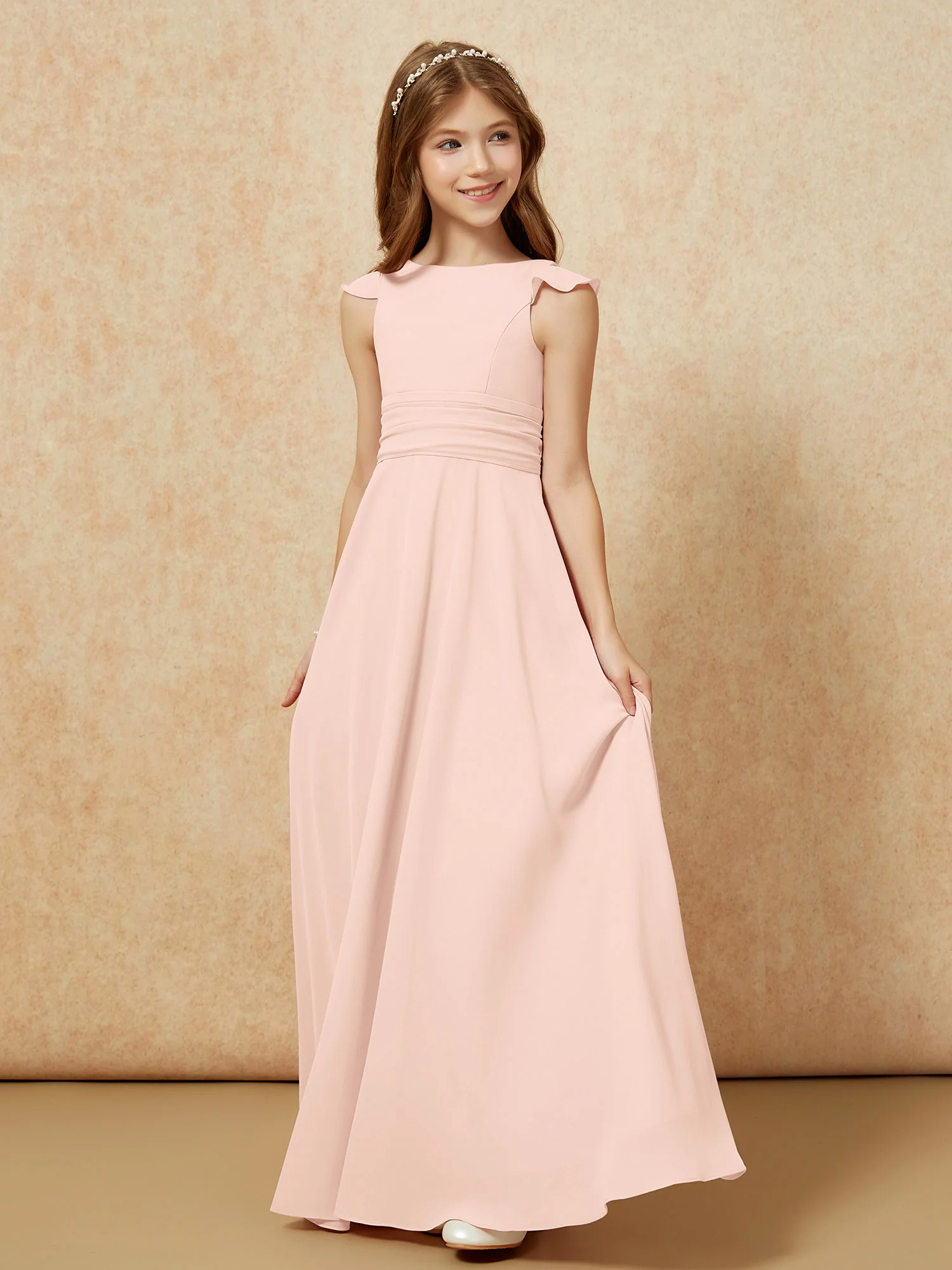 Jewel Neck Flutter Sleeves Chiffon Junior Bridesmaid Dresses Pearl Pink - Image 3