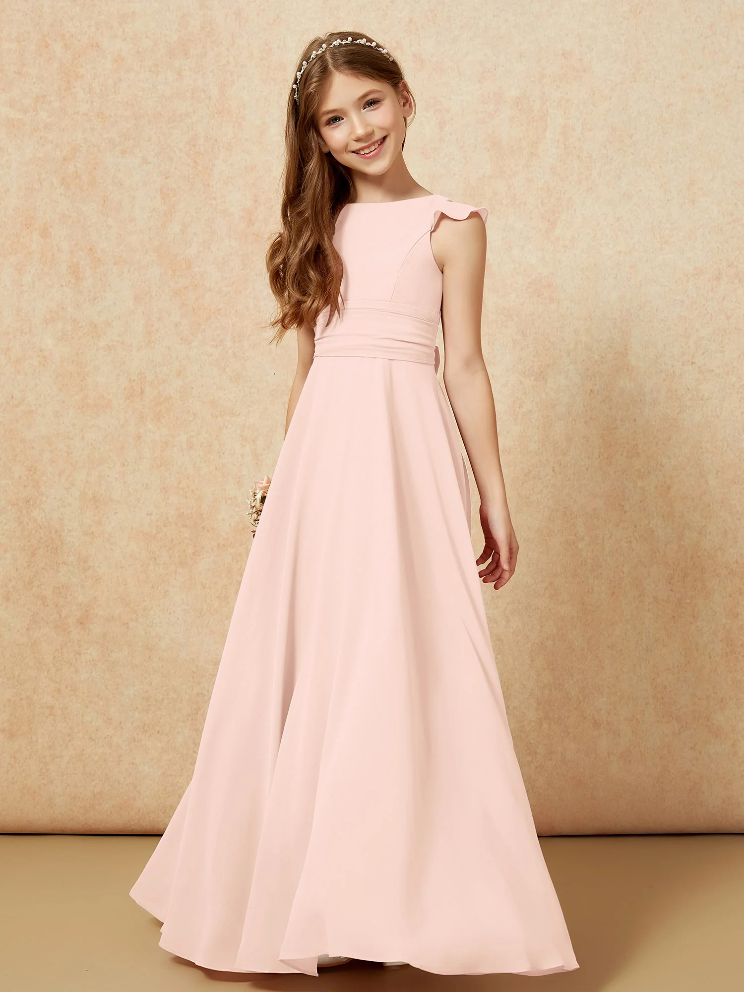Jewel Neck Flutter Sleeves Chiffon Junior Bridesmaid Dresses Pearl Pink - Image 4
