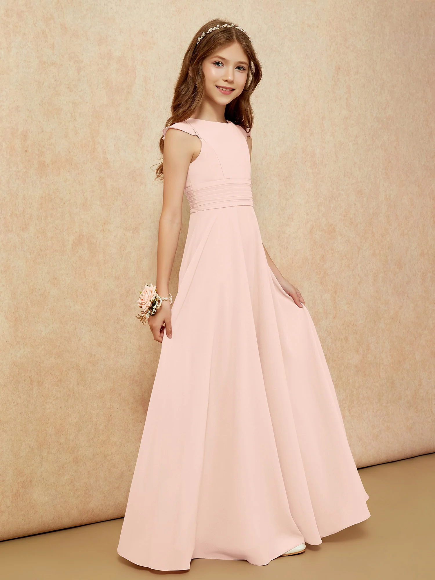 Jewel Neck Flutter Sleeves Chiffon Junior Bridesmaid Dresses Pearl Pink - Image 5