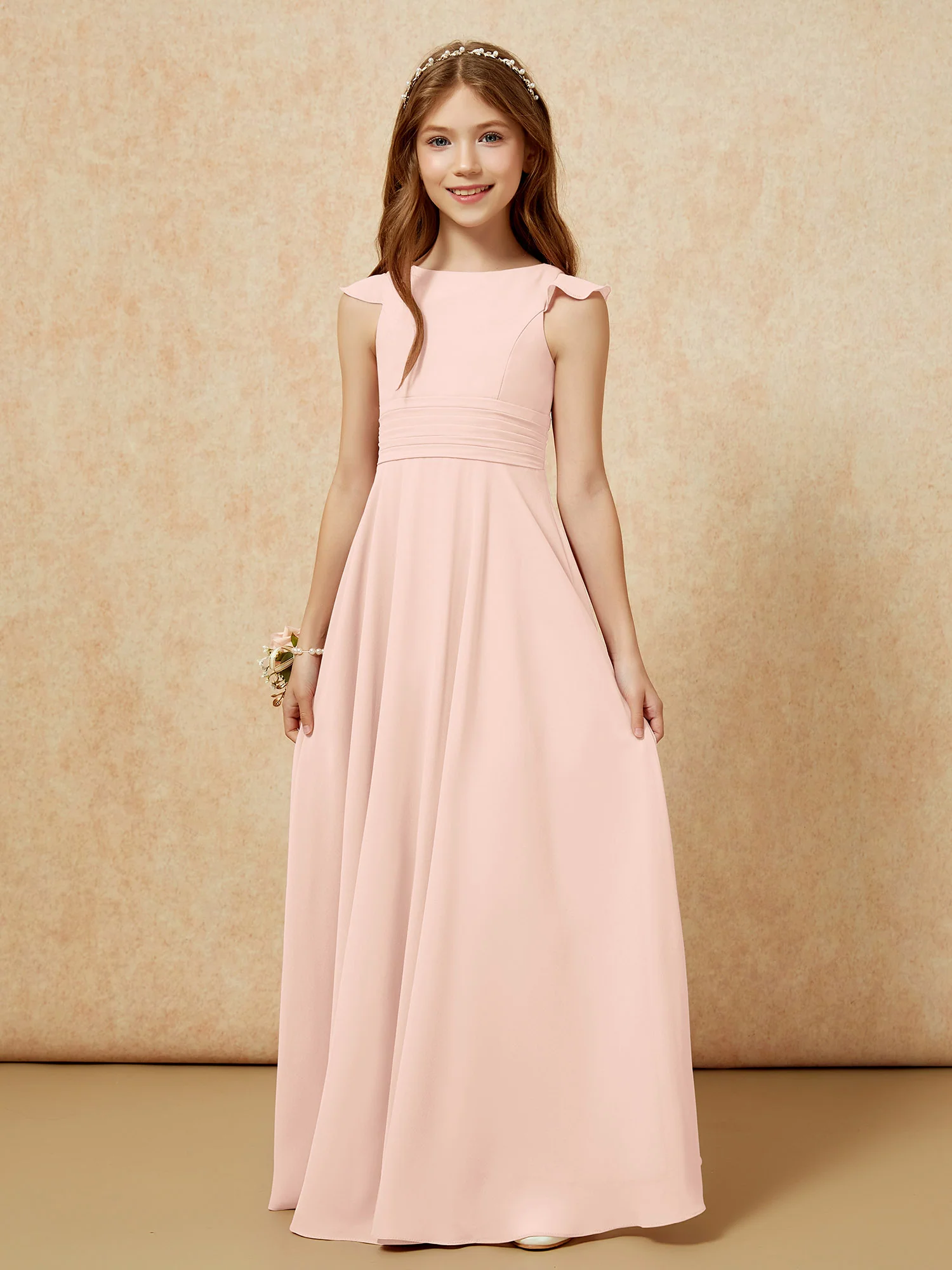 Jewel Neck Flutter Sleeves Chiffon Junior Bridesmaid Dresses Pearl Pink - Image 6