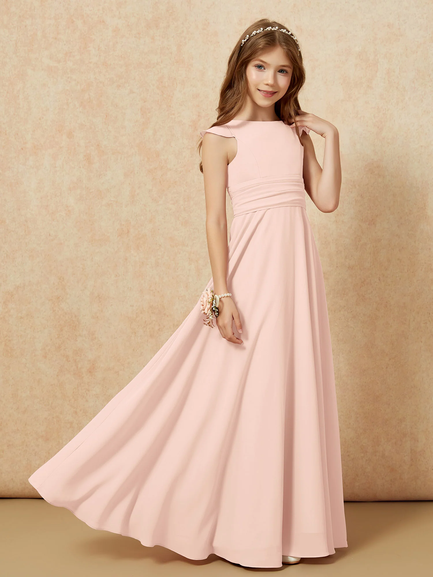 Jewel Neck Flutter Sleeves Chiffon Junior Bridesmaid Dresses Pearl Pink - Image 7