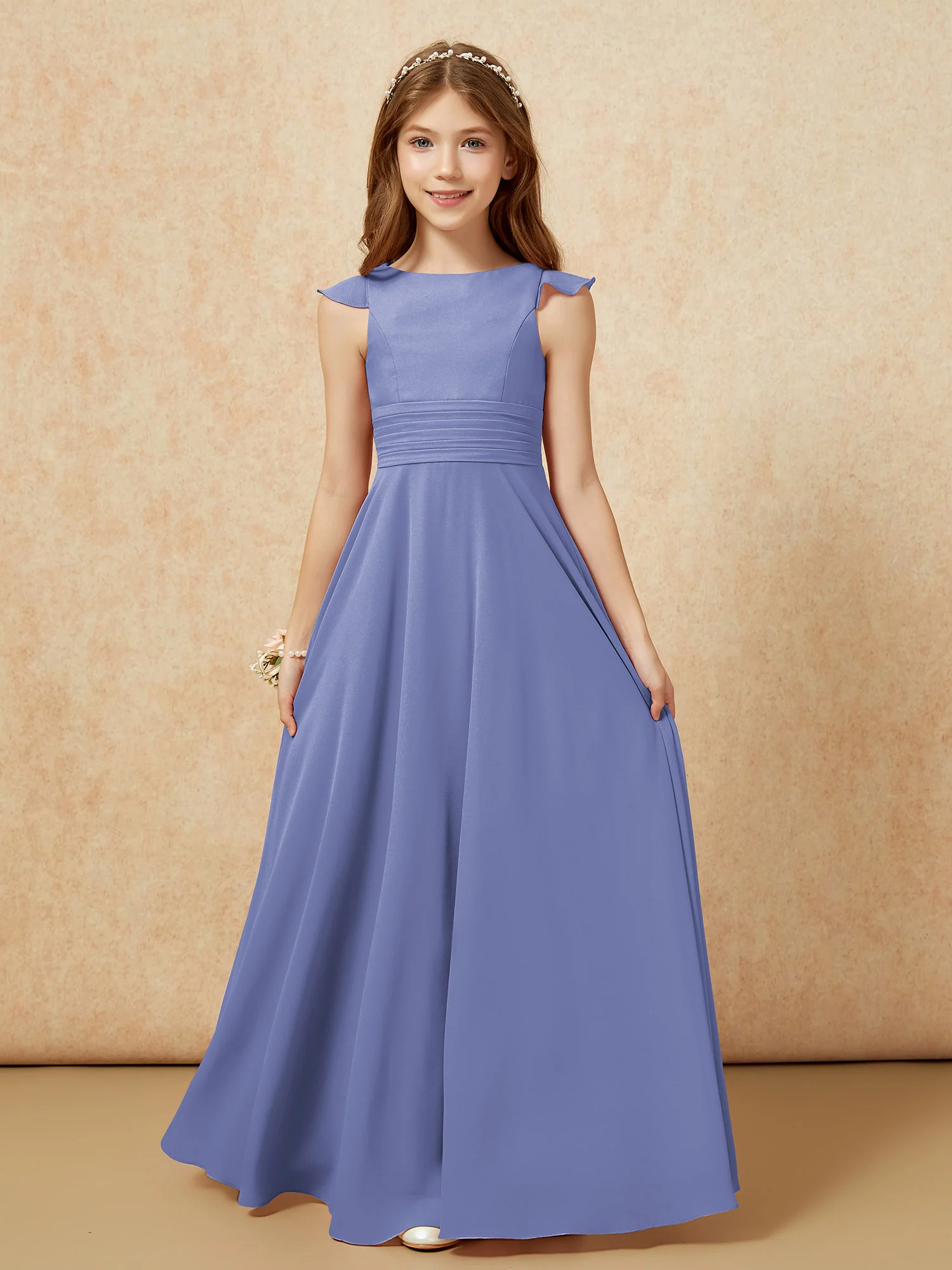 Jewel Neck Flutter Sleeves Chiffon Junior Bridesmaid Dresses Periwinkle