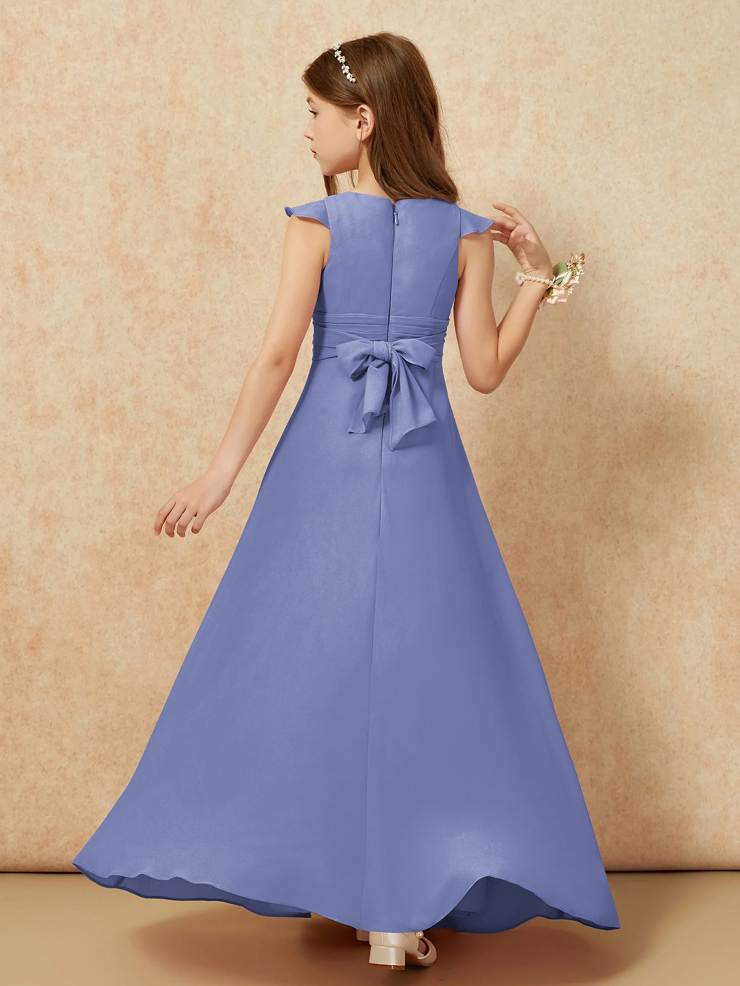 Jewel Neck Flutter Sleeves Chiffon Junior Bridesmaid Dresses Periwinkle - Image 2