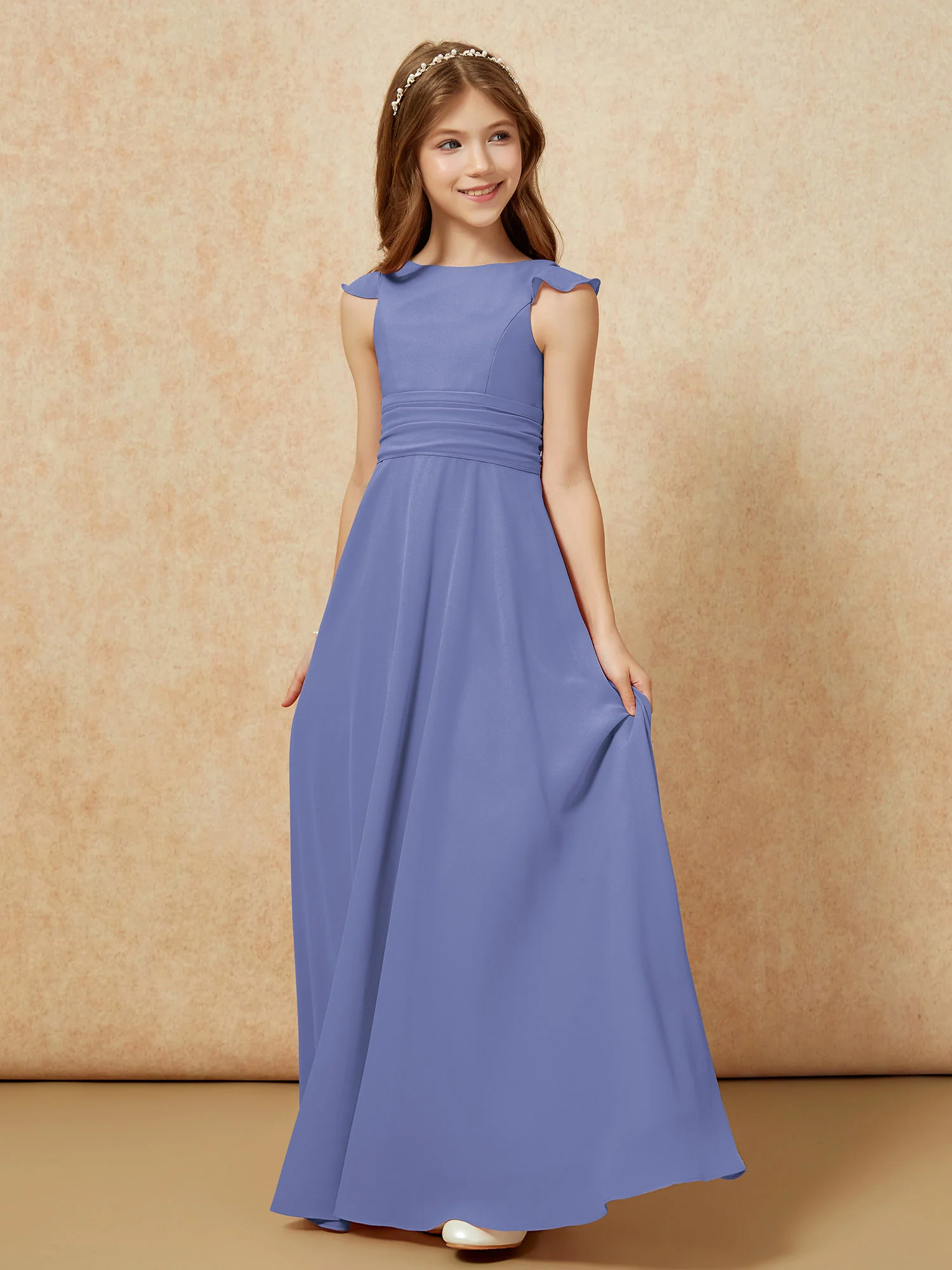 Jewel Neck Flutter Sleeves Chiffon Junior Bridesmaid Dresses Periwinkle - Image 3