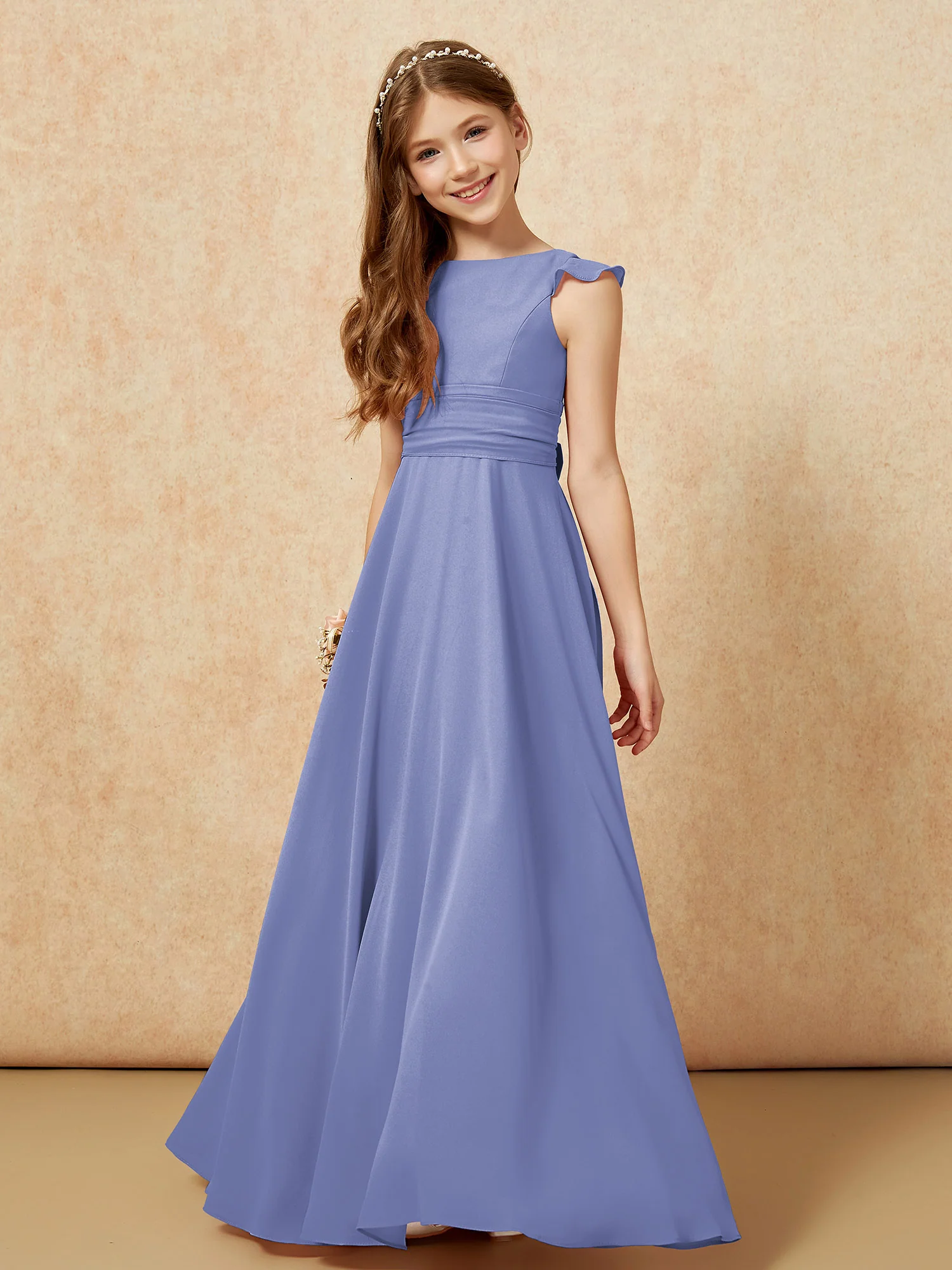 Jewel Neck Flutter Sleeves Chiffon Junior Bridesmaid Dresses Periwinkle - Image 4