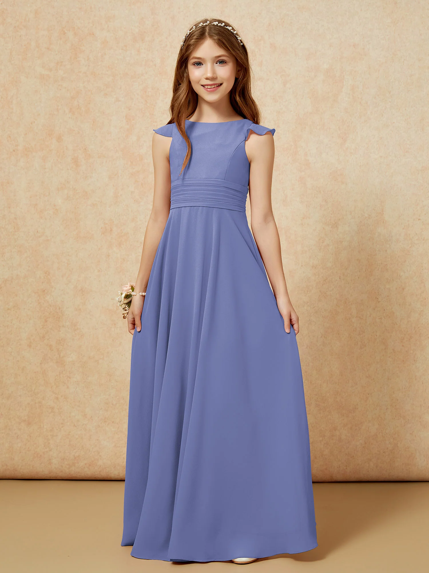 Jewel Neck Flutter Sleeves Chiffon Junior Bridesmaid Dresses Periwinkle - Image 6