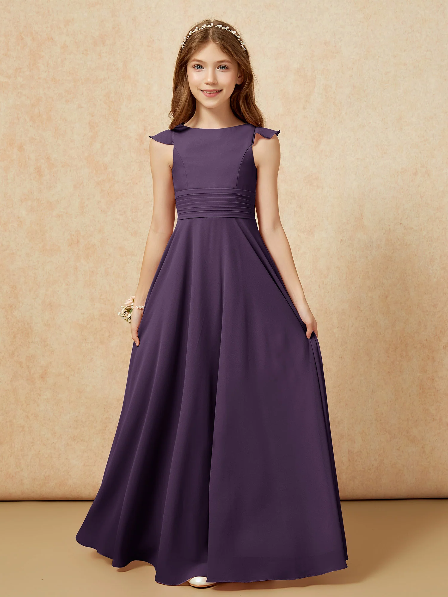 Jewel Neck Flutter Sleeves Chiffon Junior Bridesmaid Dresses Plum