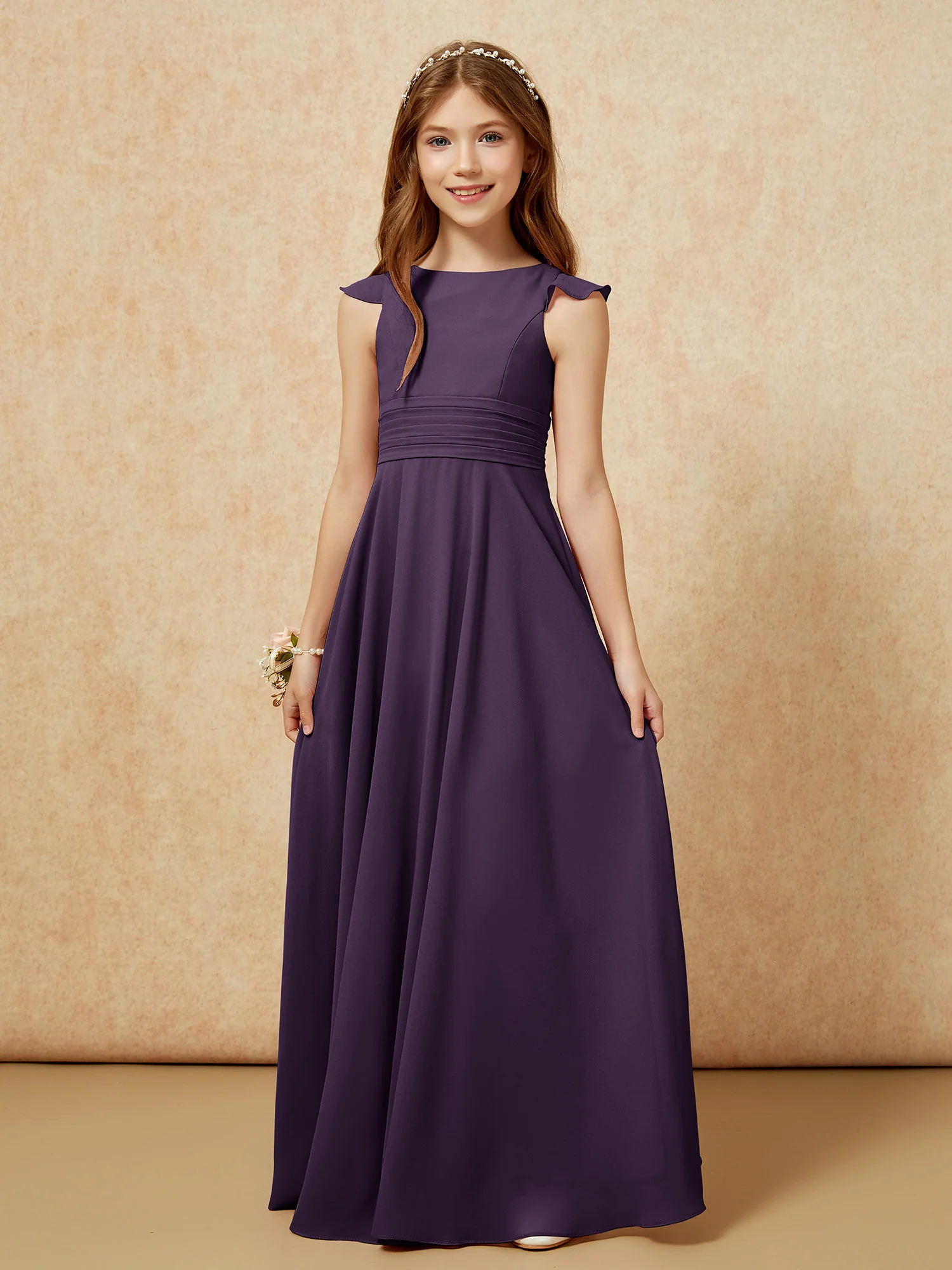 Jewel Neck Flutter Sleeves Chiffon Junior Bridesmaid Dresses Plum - Image 6