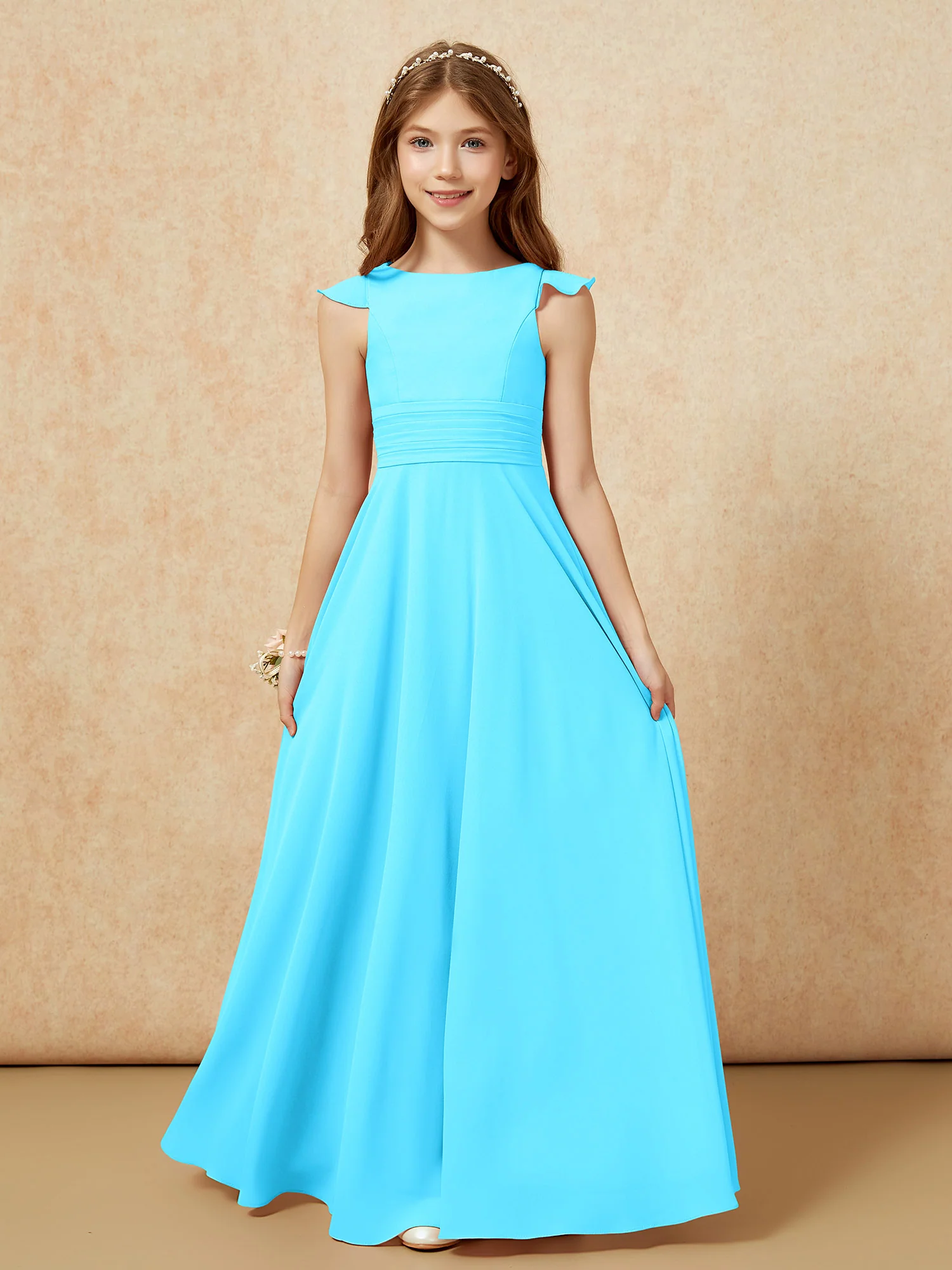 Jewel Neck Flutter Sleeves Chiffon Junior Bridesmaid Dresses Pool
