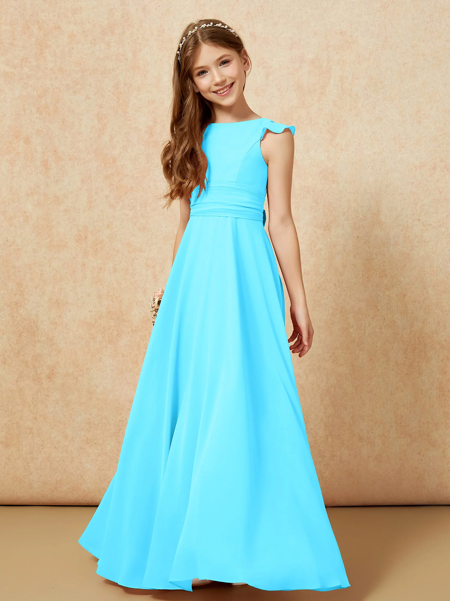 Jewel Neck Flutter Sleeves Chiffon Junior Bridesmaid Dresses Pool - Image 4
