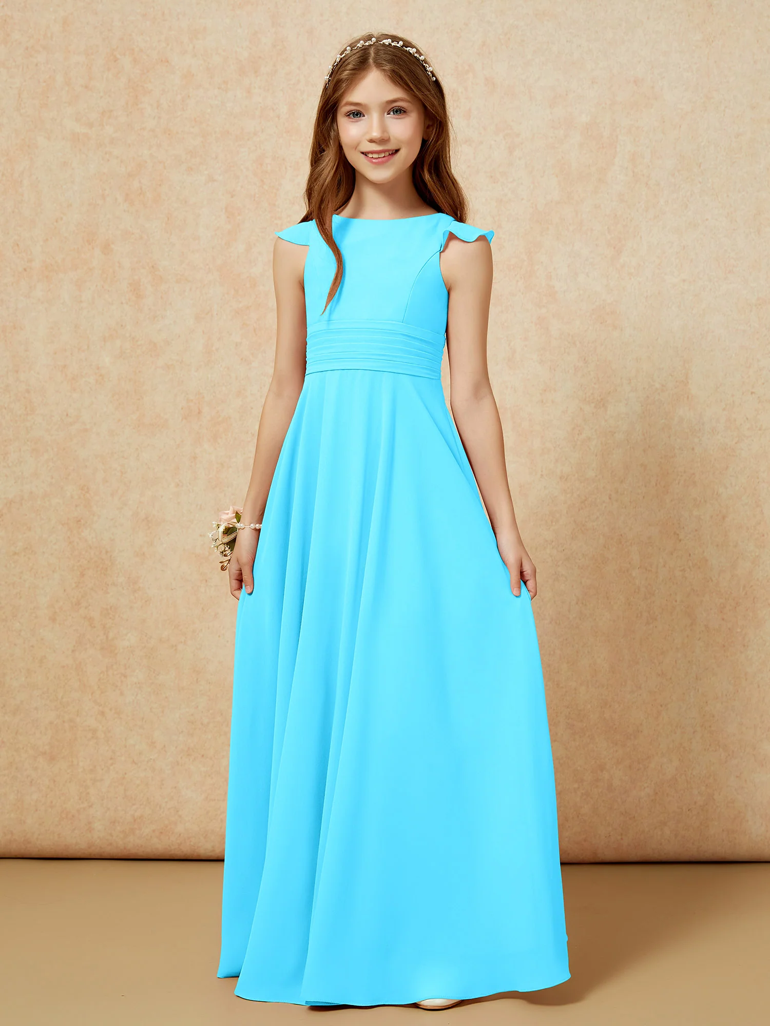 Jewel Neck Flutter Sleeves Chiffon Junior Bridesmaid Dresses Pool - Image 6