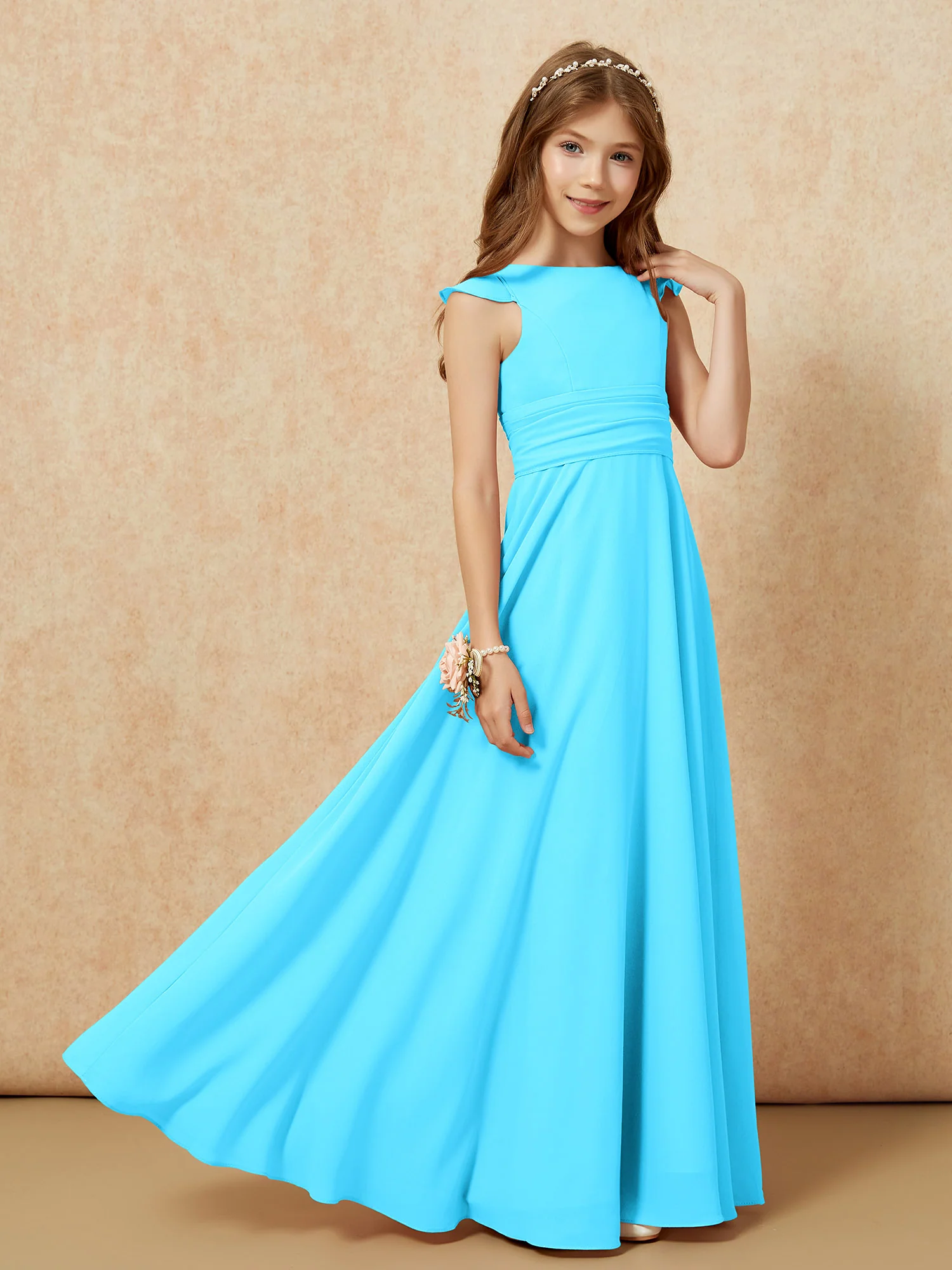 Jewel Neck Flutter Sleeves Chiffon Junior Bridesmaid Dresses Pool - Image 7