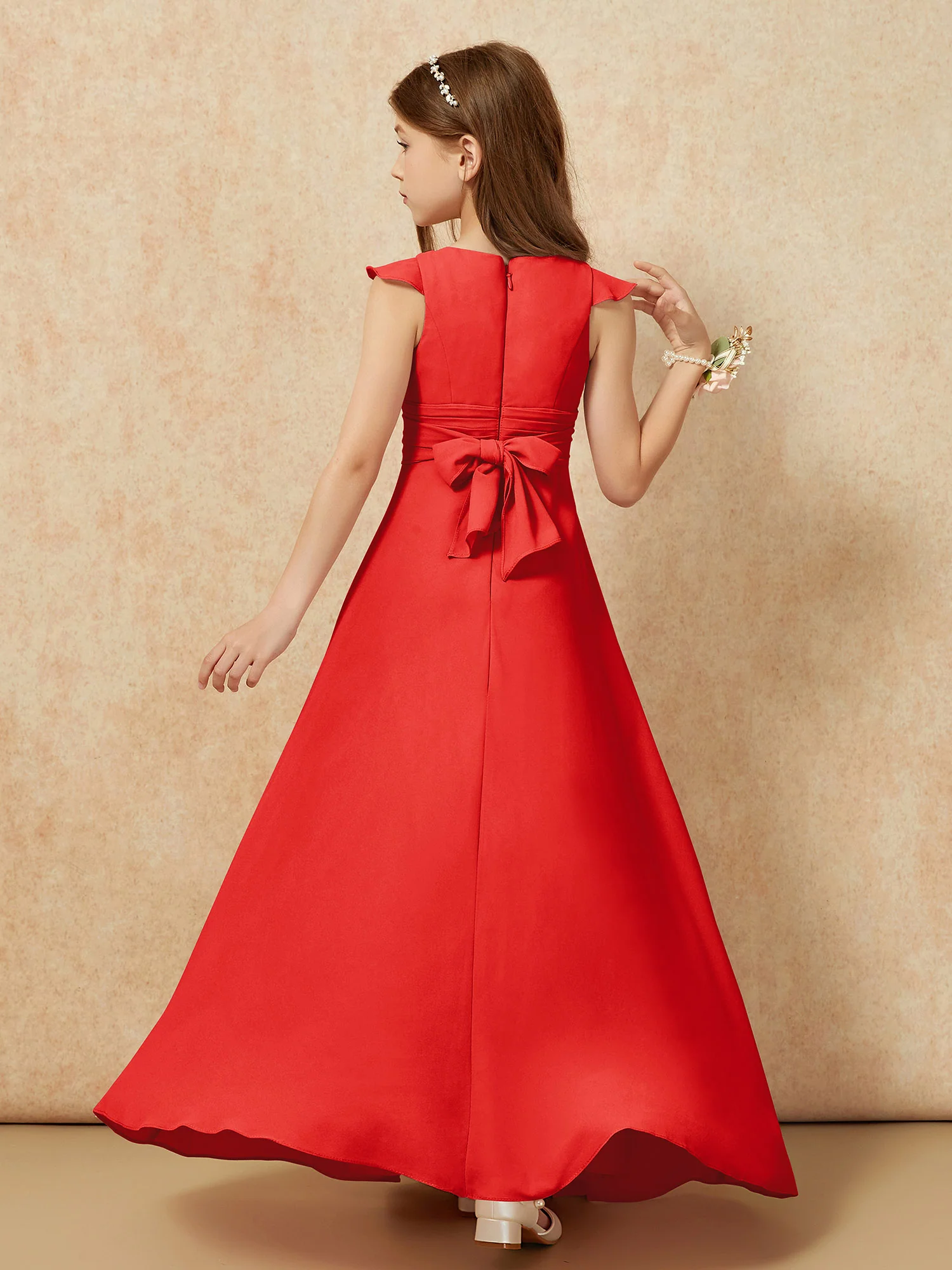 Jewel Neck Flutter Sleeves Chiffon Junior Bridesmaid Dresses Red - Image 2