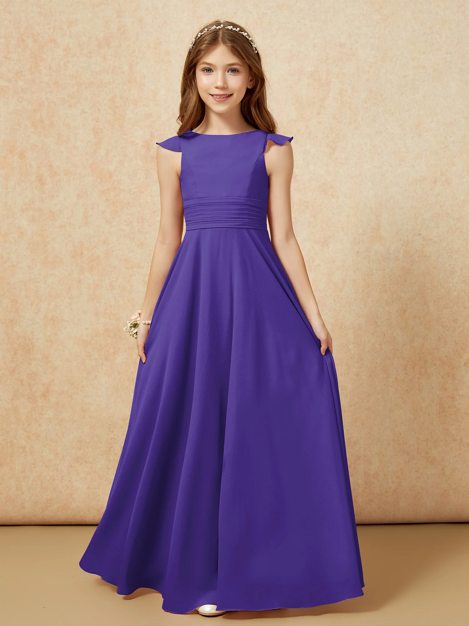 Jewel Neck Flutter Sleeves Chiffon Junior Bridesmaid Dresses Regency