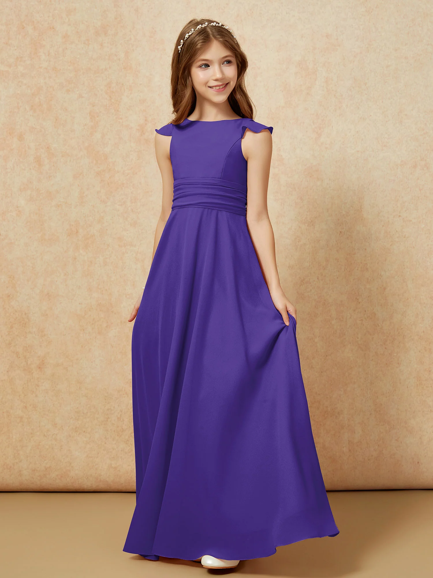 Jewel Neck Flutter Sleeves Chiffon Junior Bridesmaid Dresses Regency - Image 3