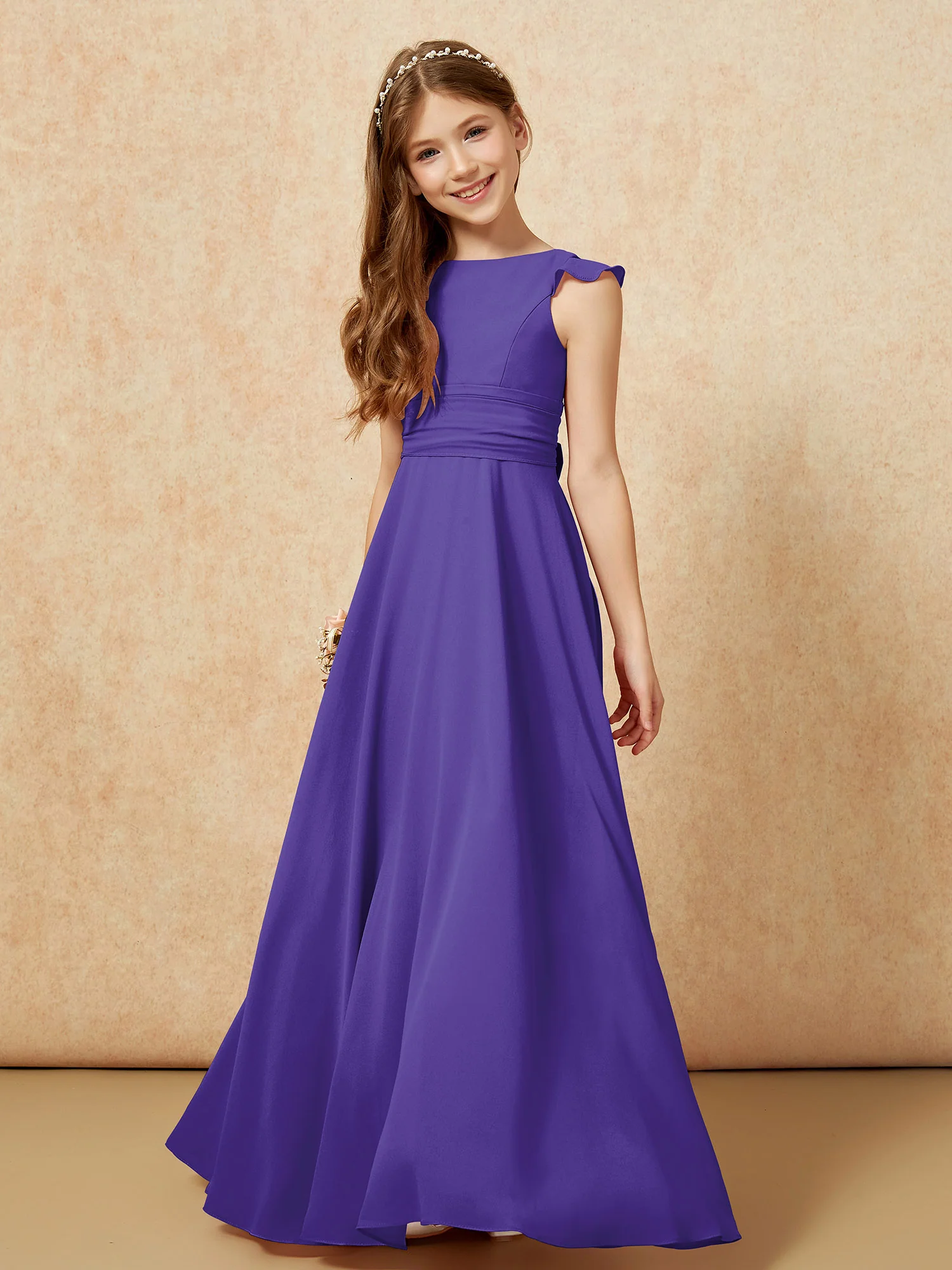 Jewel Neck Flutter Sleeves Chiffon Junior Bridesmaid Dresses Regency - Image 4