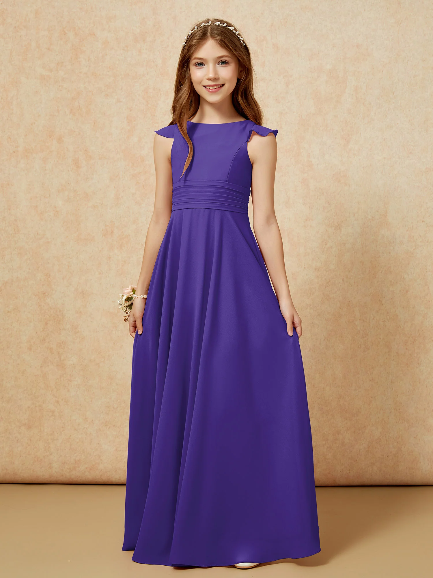 Jewel Neck Flutter Sleeves Chiffon Junior Bridesmaid Dresses Regency - Image 6