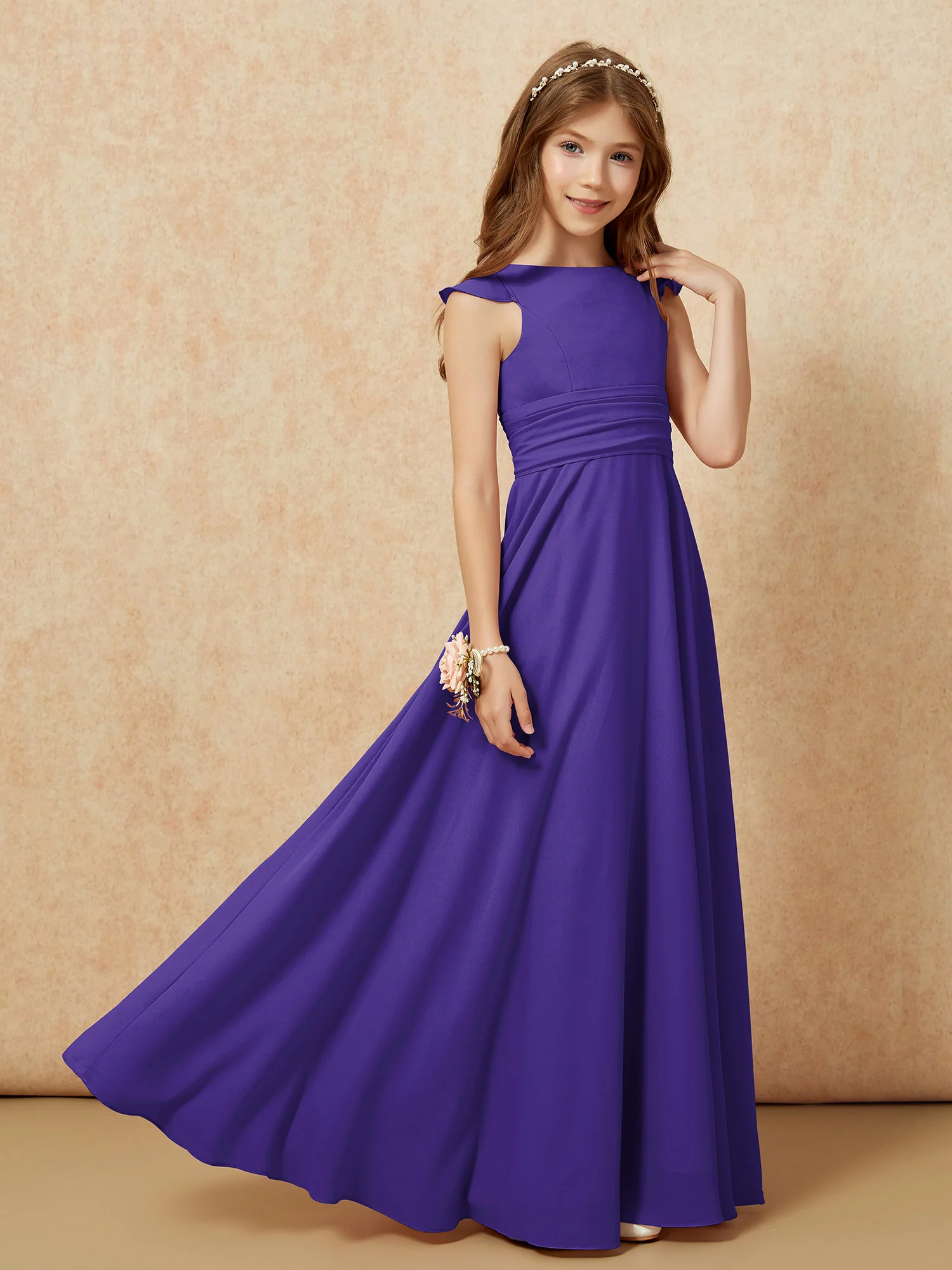 Jewel Neck Flutter Sleeves Chiffon Junior Bridesmaid Dresses Regency - Image 7