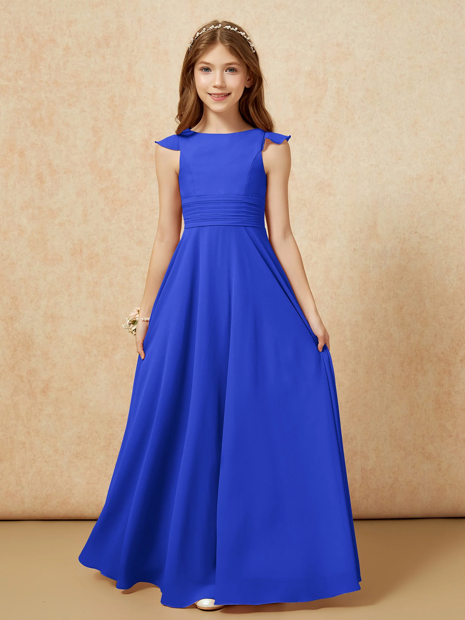 Jewel Neck Flutter Sleeves Chiffon Junior Bridesmaid Dresses Royal Blue
