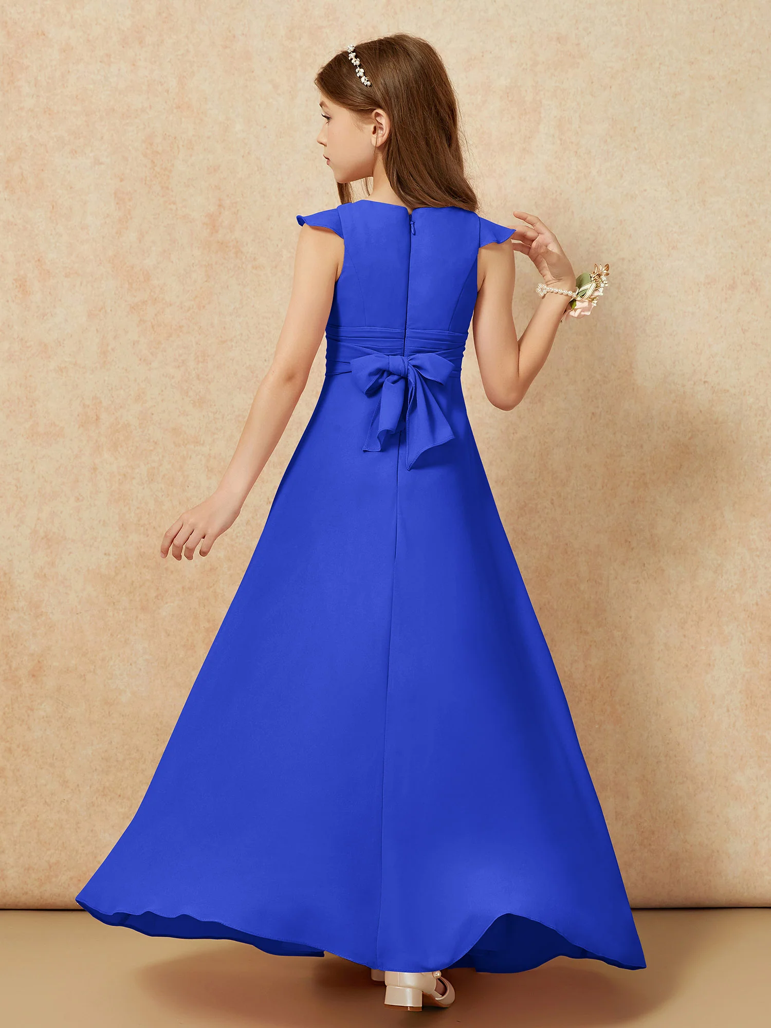 Jewel Neck Flutter Sleeves Chiffon Junior Bridesmaid Dresses Royal Blue - Image 2