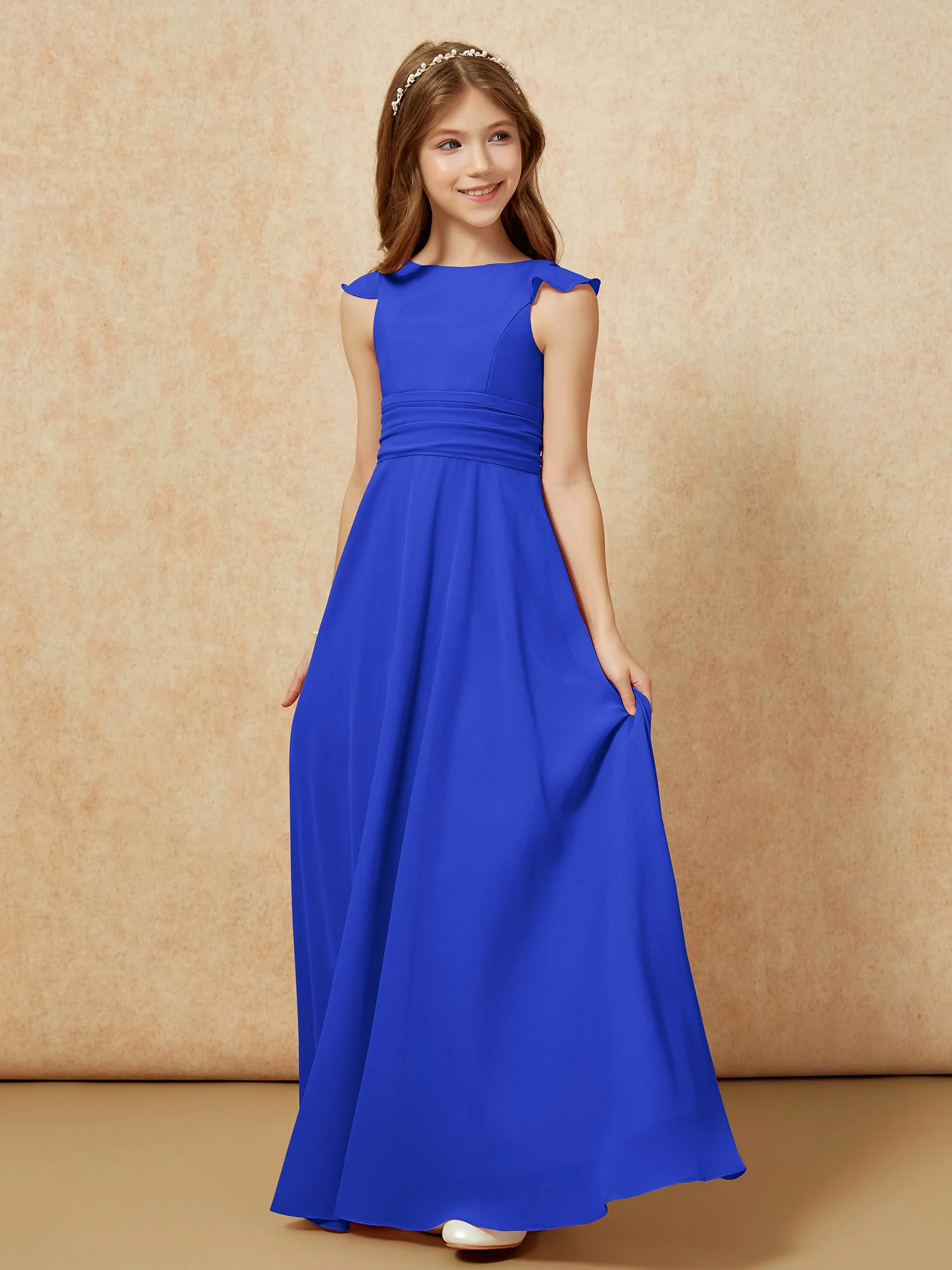 Jewel Neck Flutter Sleeves Chiffon Junior Bridesmaid Dresses Royal Blue - Image 3