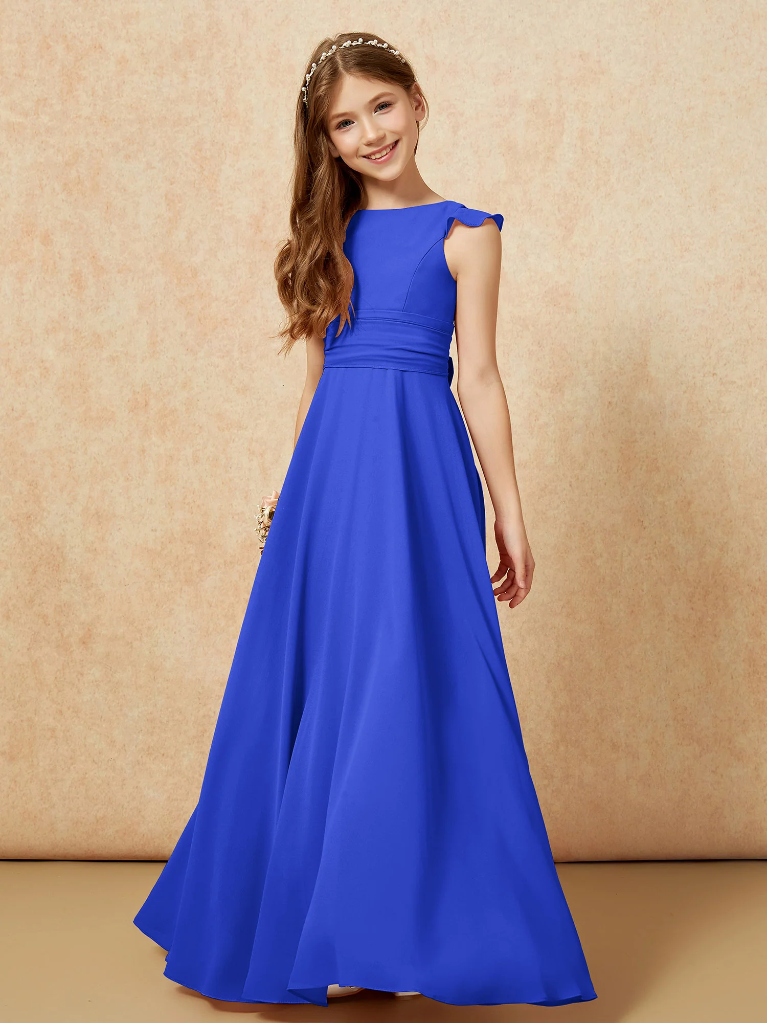 Jewel Neck Flutter Sleeves Chiffon Junior Bridesmaid Dresses Royal Blue - Image 4