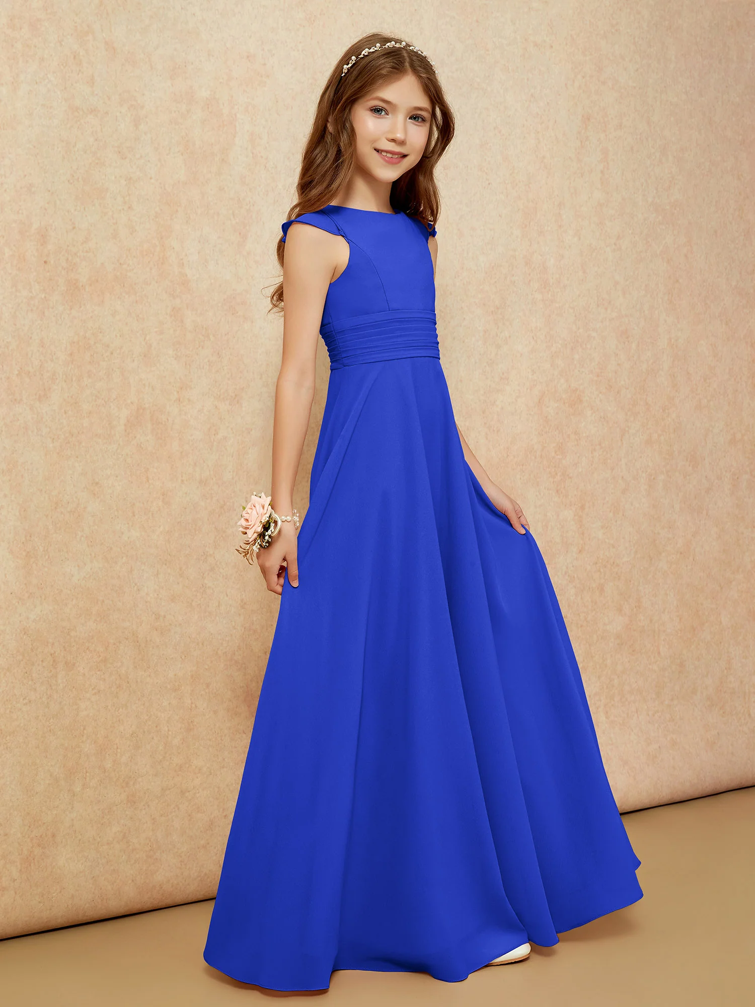 Jewel Neck Flutter Sleeves Chiffon Junior Bridesmaid Dresses Royal Blue - Image 5