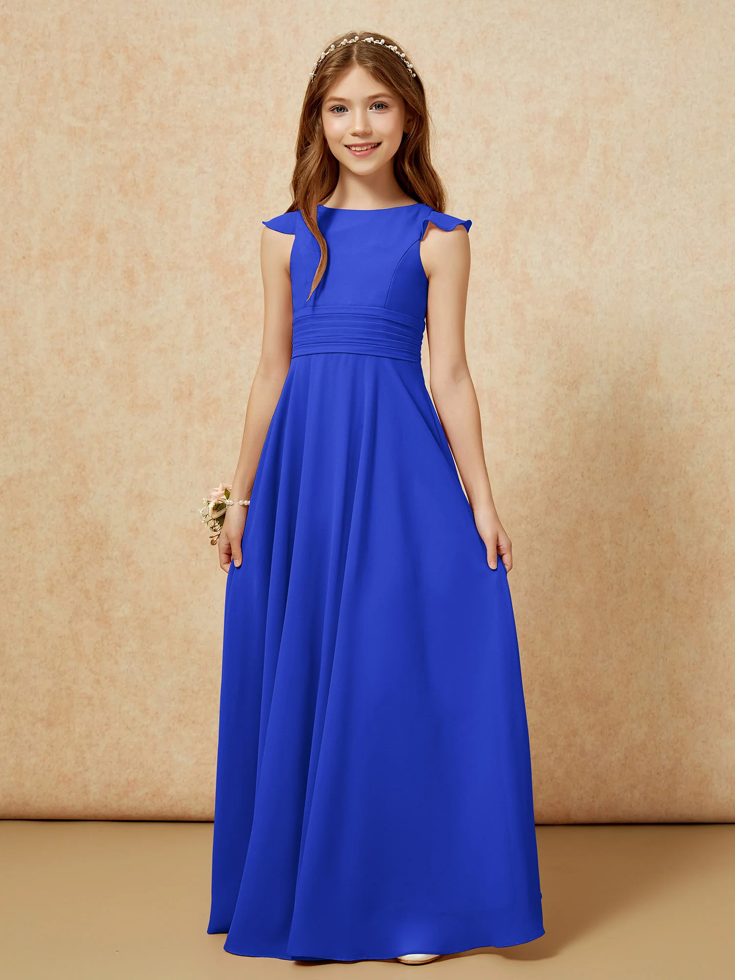 Jewel Neck Flutter Sleeves Chiffon Junior Bridesmaid Dresses Royal Blue - Image 6