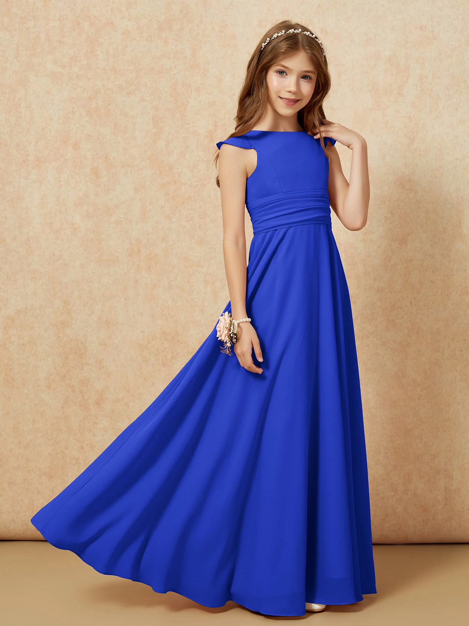 Jewel Neck Flutter Sleeves Chiffon Junior Bridesmaid Dresses Royal Blue - Image 7
