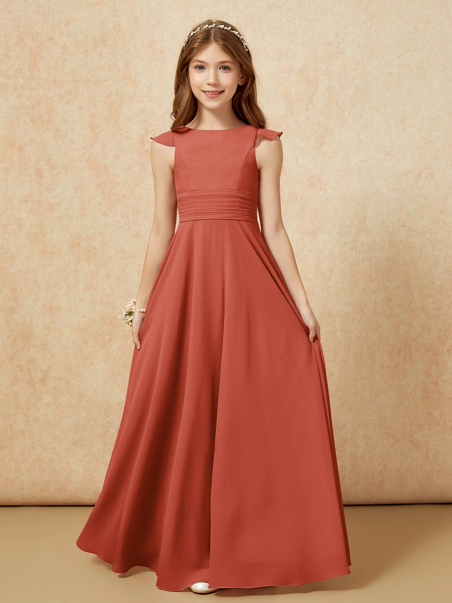 Jewel Neck Flutter Sleeves Chiffon Junior Bridesmaid Dresses Rust