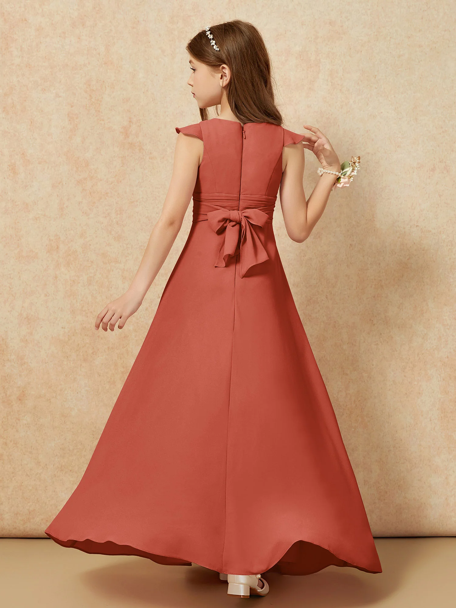 Jewel Neck Flutter Sleeves Chiffon Junior Bridesmaid Dresses Rust - Image 2
