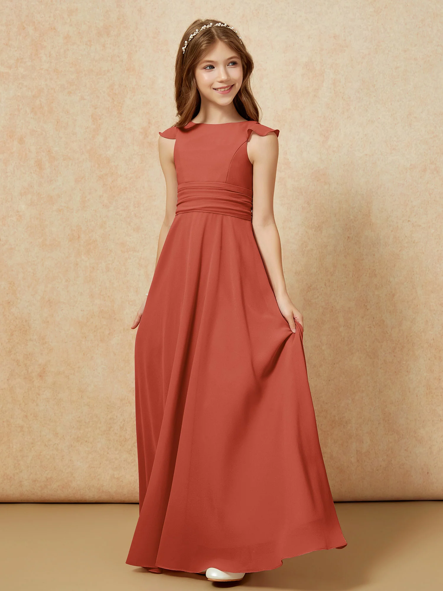 Jewel Neck Flutter Sleeves Chiffon Junior Bridesmaid Dresses Rust - Image 3