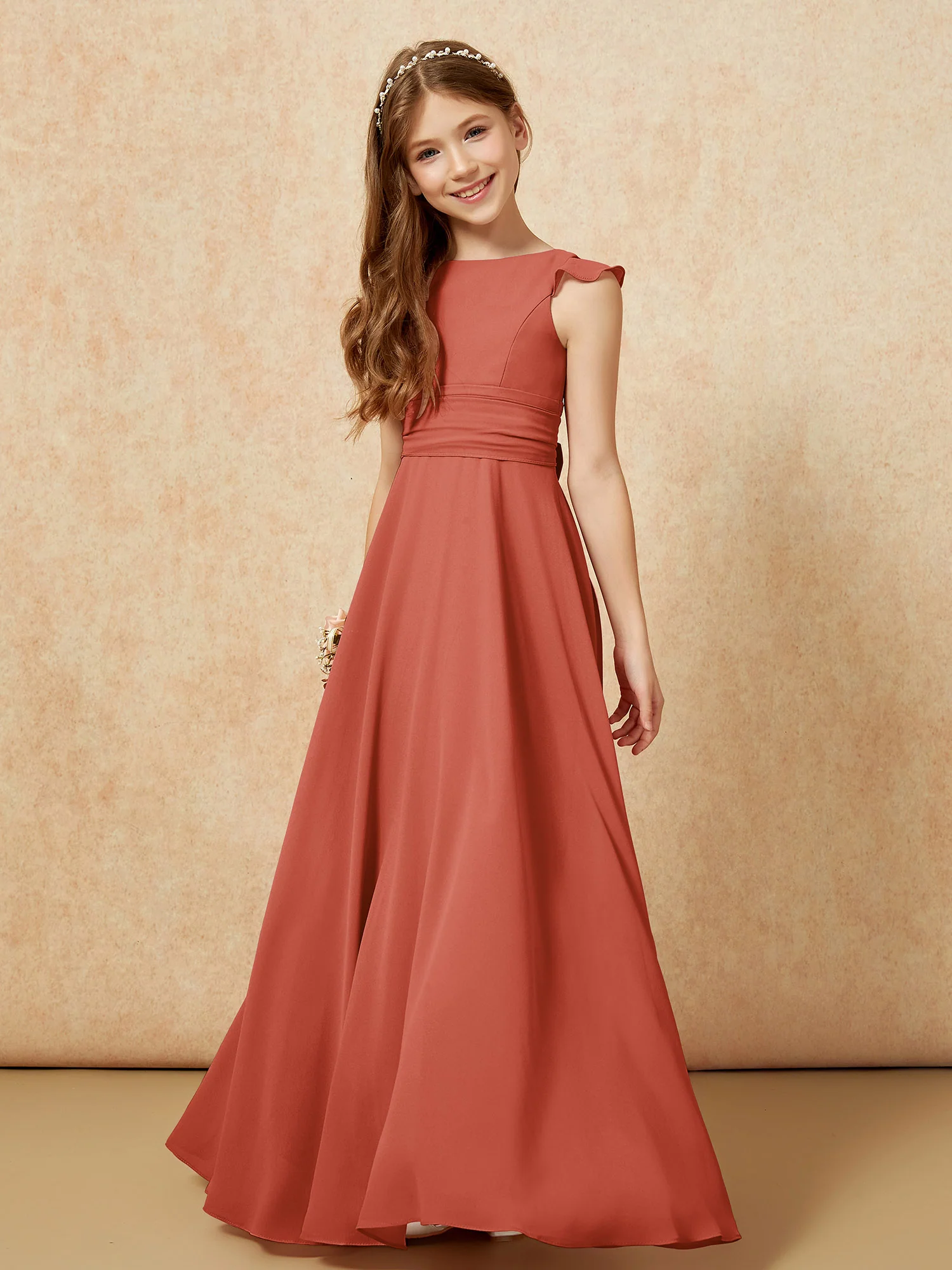 Jewel Neck Flutter Sleeves Chiffon Junior Bridesmaid Dresses Rust - Image 4