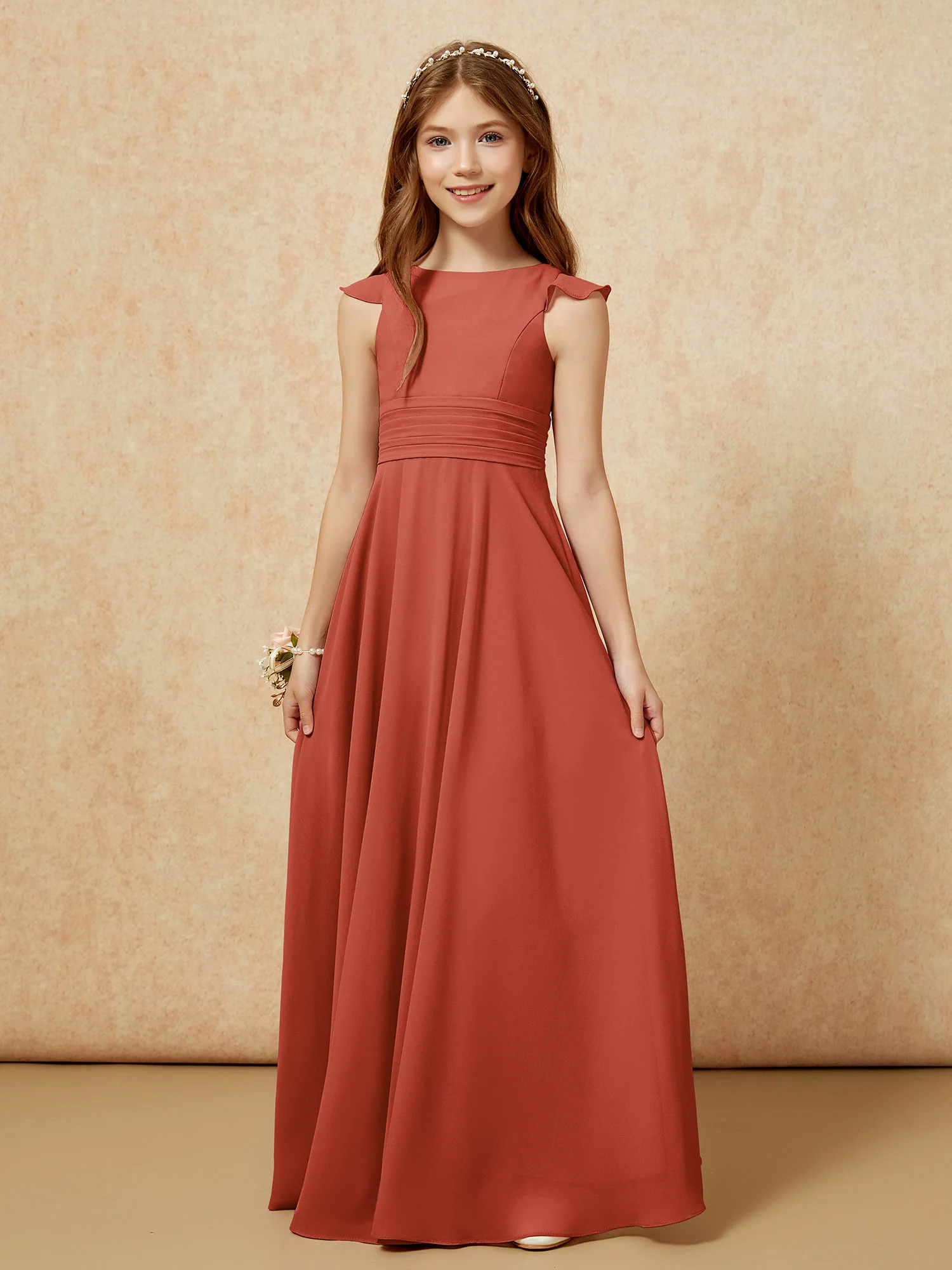 Jewel Neck Flutter Sleeves Chiffon Junior Bridesmaid Dresses Rust - Image 6