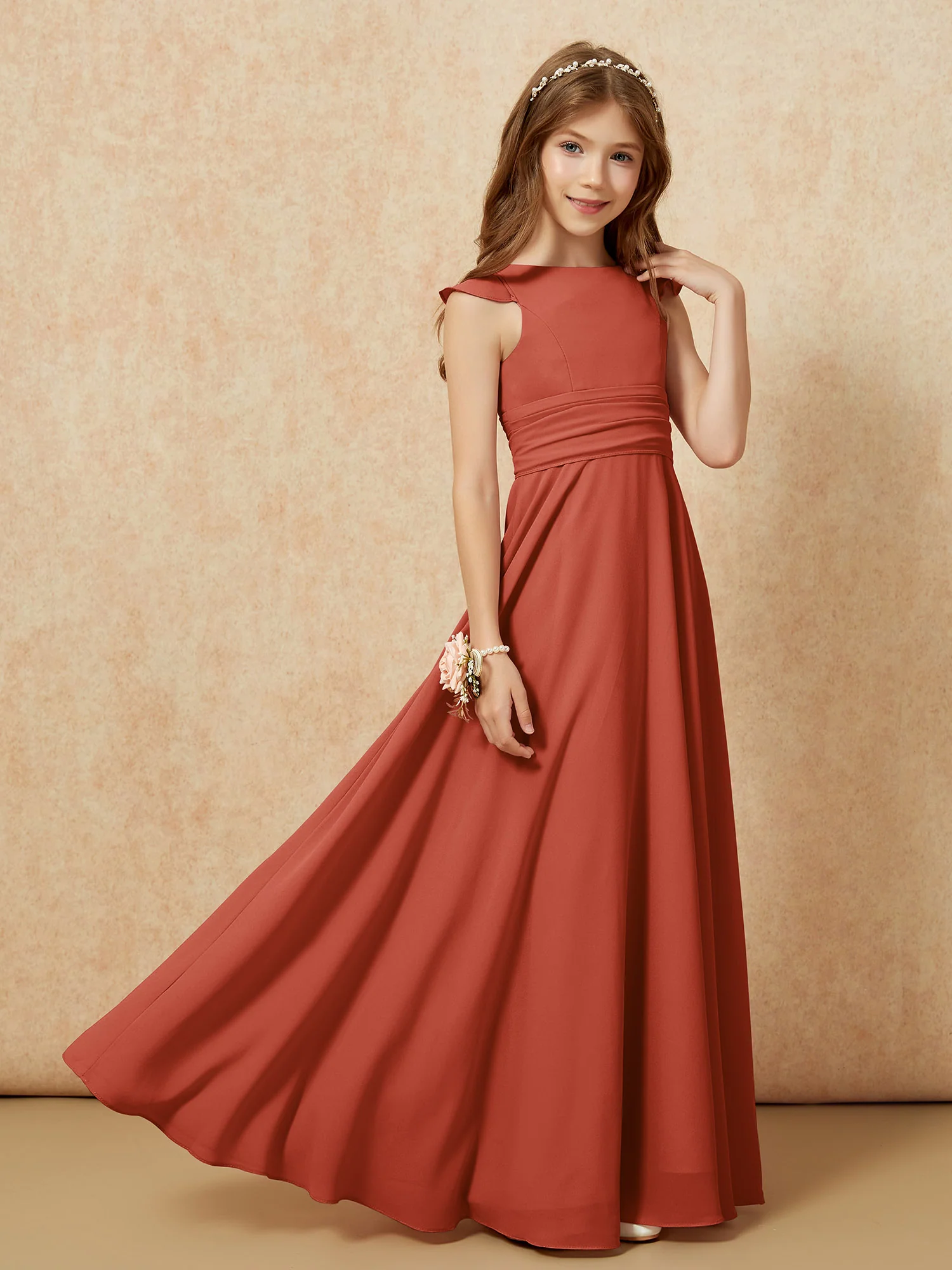 Jewel Neck Flutter Sleeves Chiffon Junior Bridesmaid Dresses Rust - Image 7