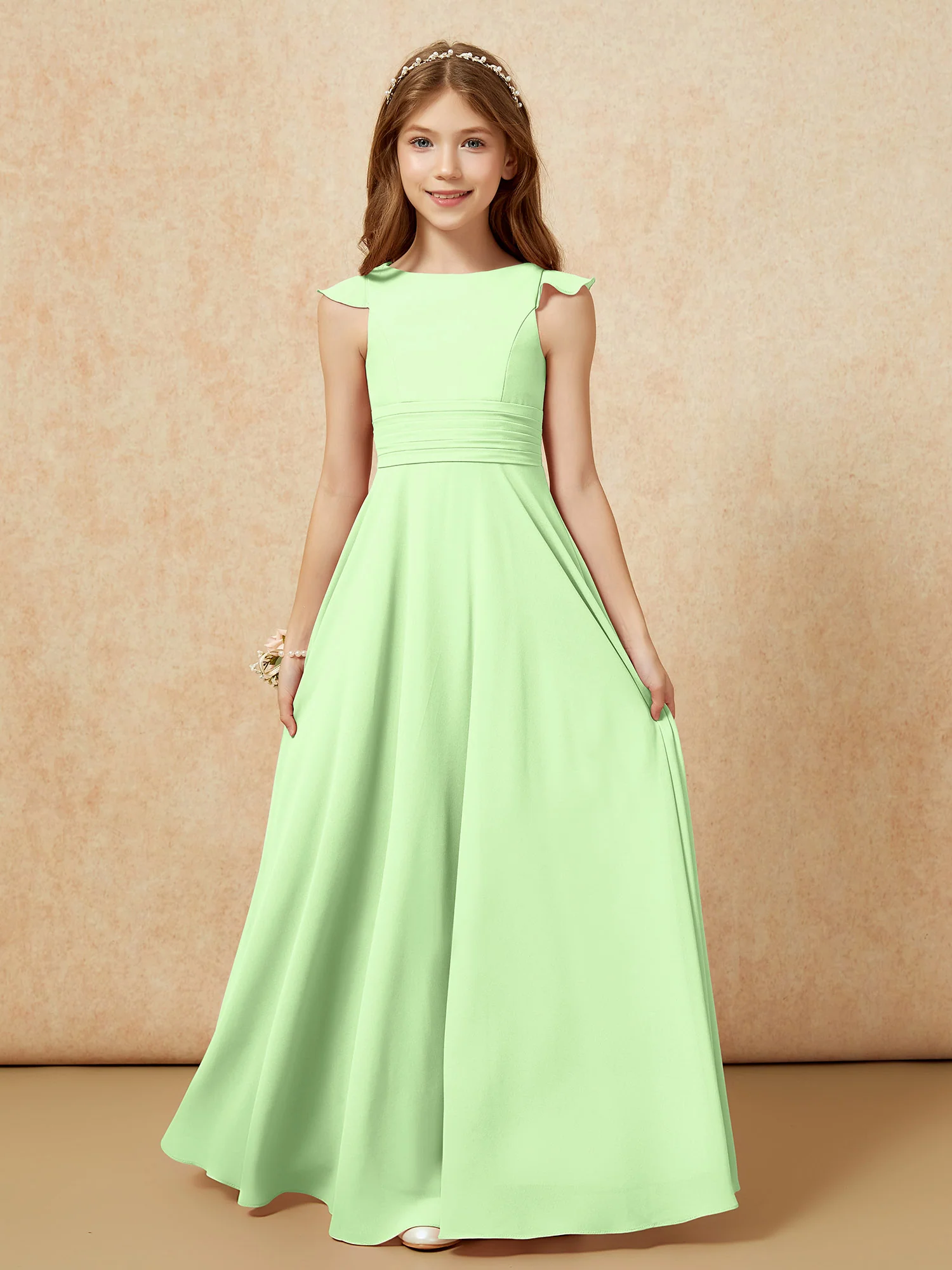 Jewel Neck Flutter Sleeves Chiffon Junior Bridesmaid Dresses Sage