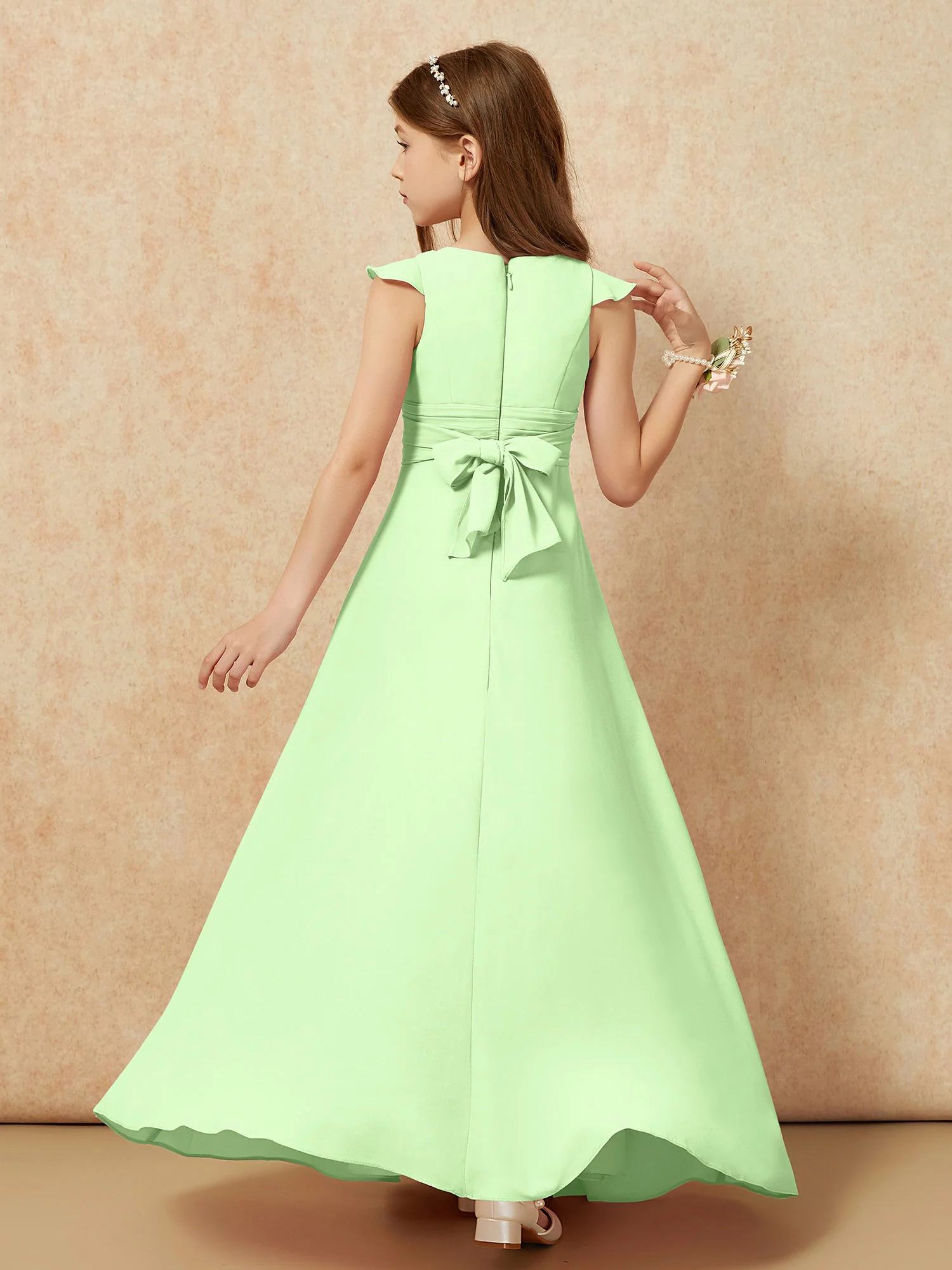 Jewel Neck Flutter Sleeves Chiffon Junior Bridesmaid Dresses Sage - Image 2