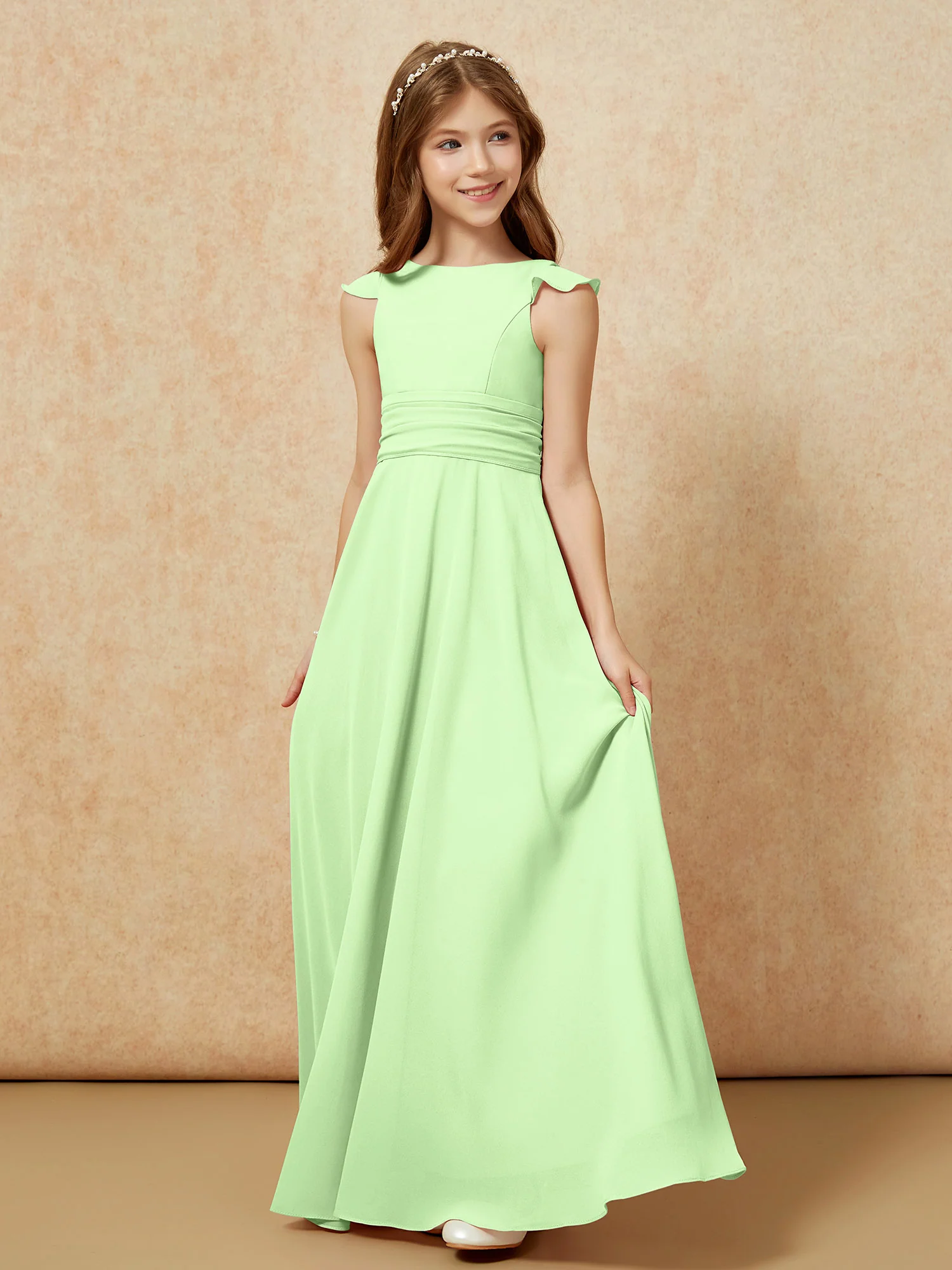 Jewel Neck Flutter Sleeves Chiffon Junior Bridesmaid Dresses Sage - Image 3
