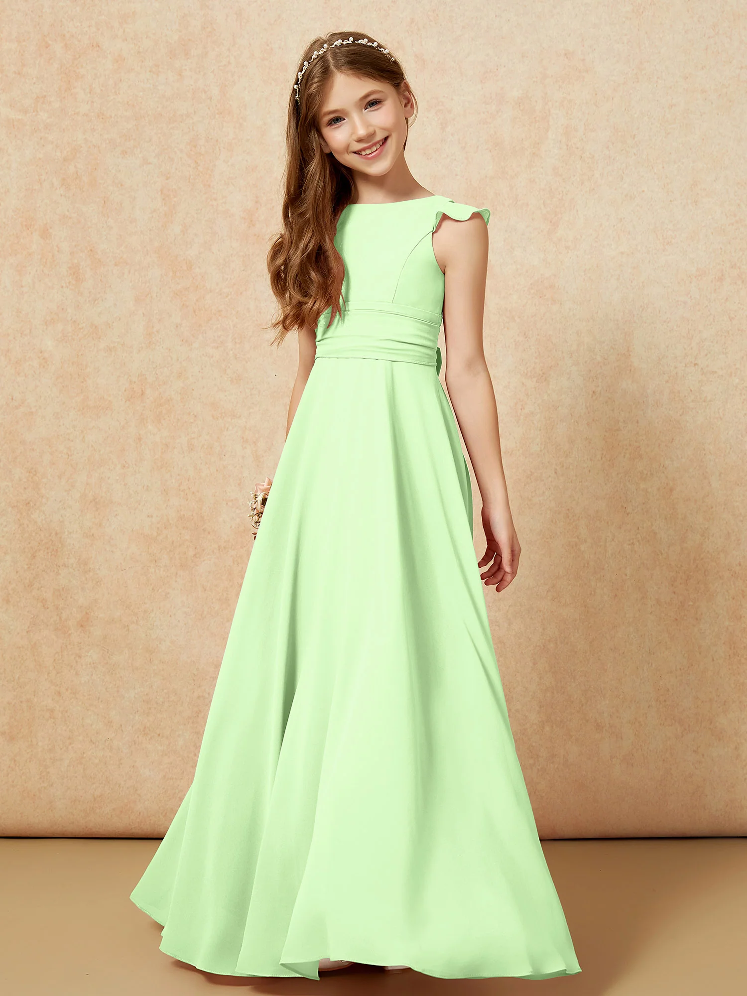 Jewel Neck Flutter Sleeves Chiffon Junior Bridesmaid Dresses Sage - Image 4
