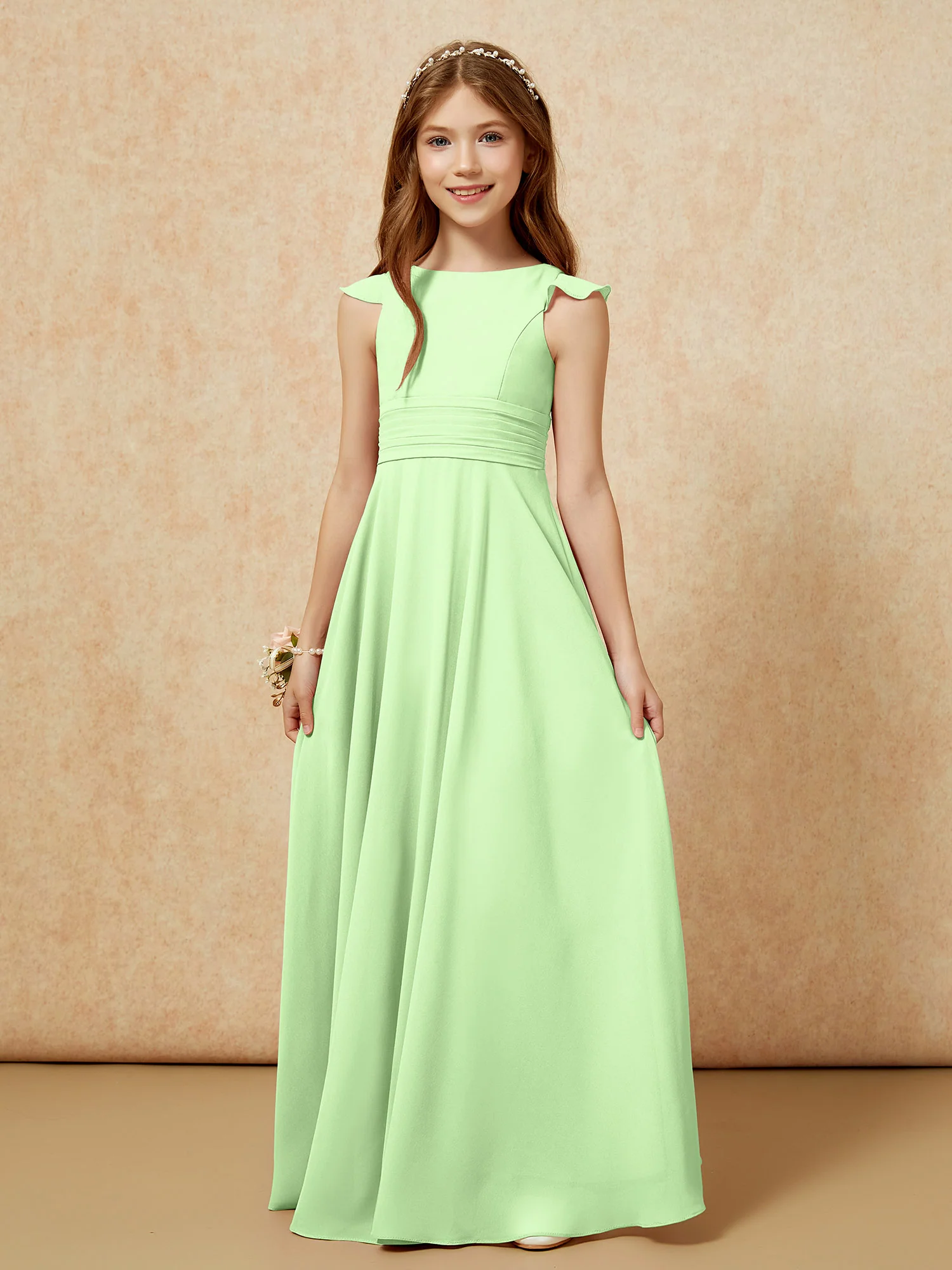 Jewel Neck Flutter Sleeves Chiffon Junior Bridesmaid Dresses Sage - Image 6