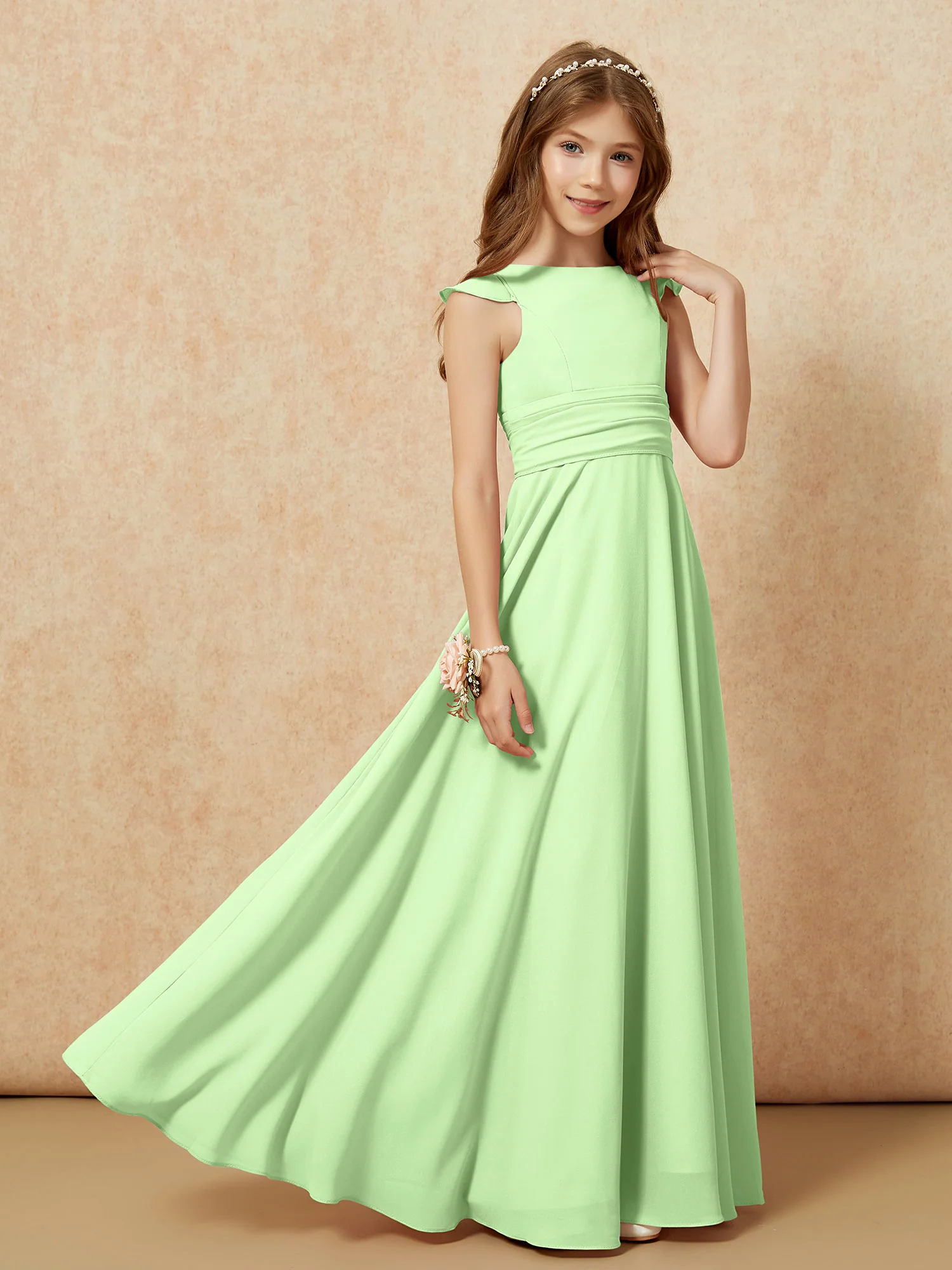 Jewel Neck Flutter Sleeves Chiffon Junior Bridesmaid Dresses Sage - Image 7