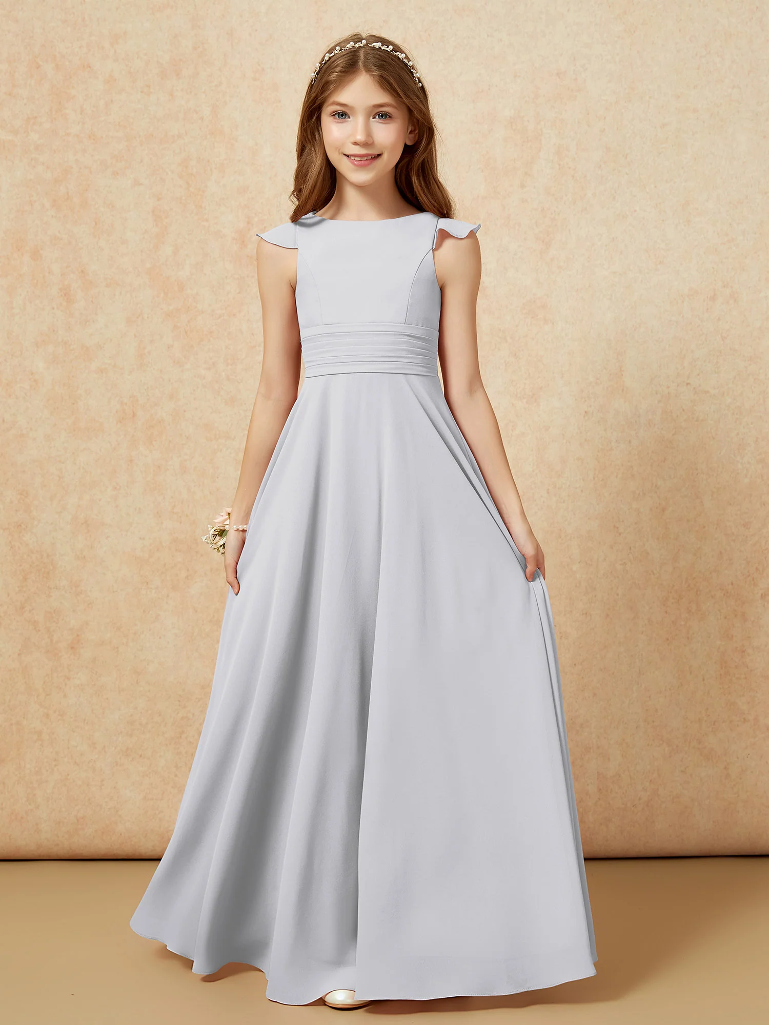 Jewel Neck Flutter Sleeves Chiffon Junior Bridesmaid Dresses Silver