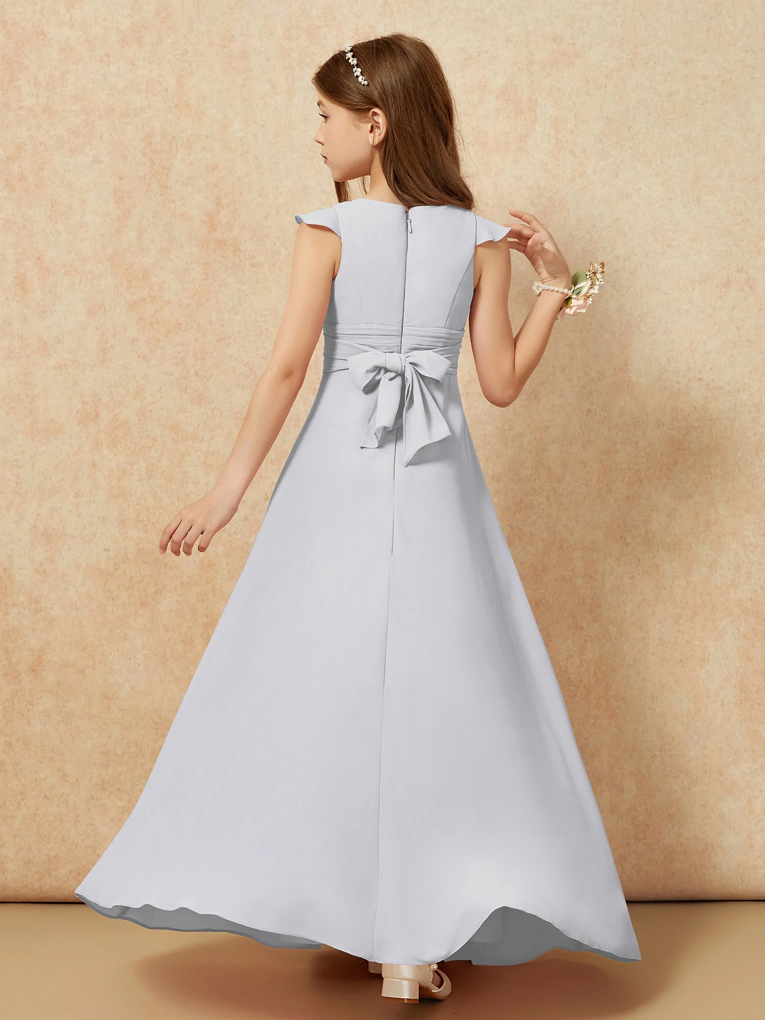 Jewel Neck Flutter Sleeves Chiffon Junior Bridesmaid Dresses Silver - Image 2
