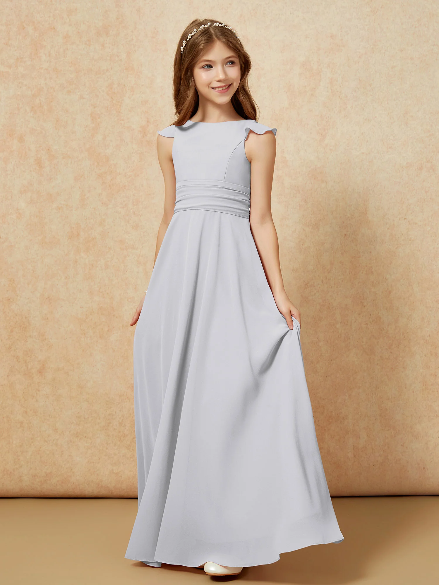 Jewel Neck Flutter Sleeves Chiffon Junior Bridesmaid Dresses Silver - Image 3