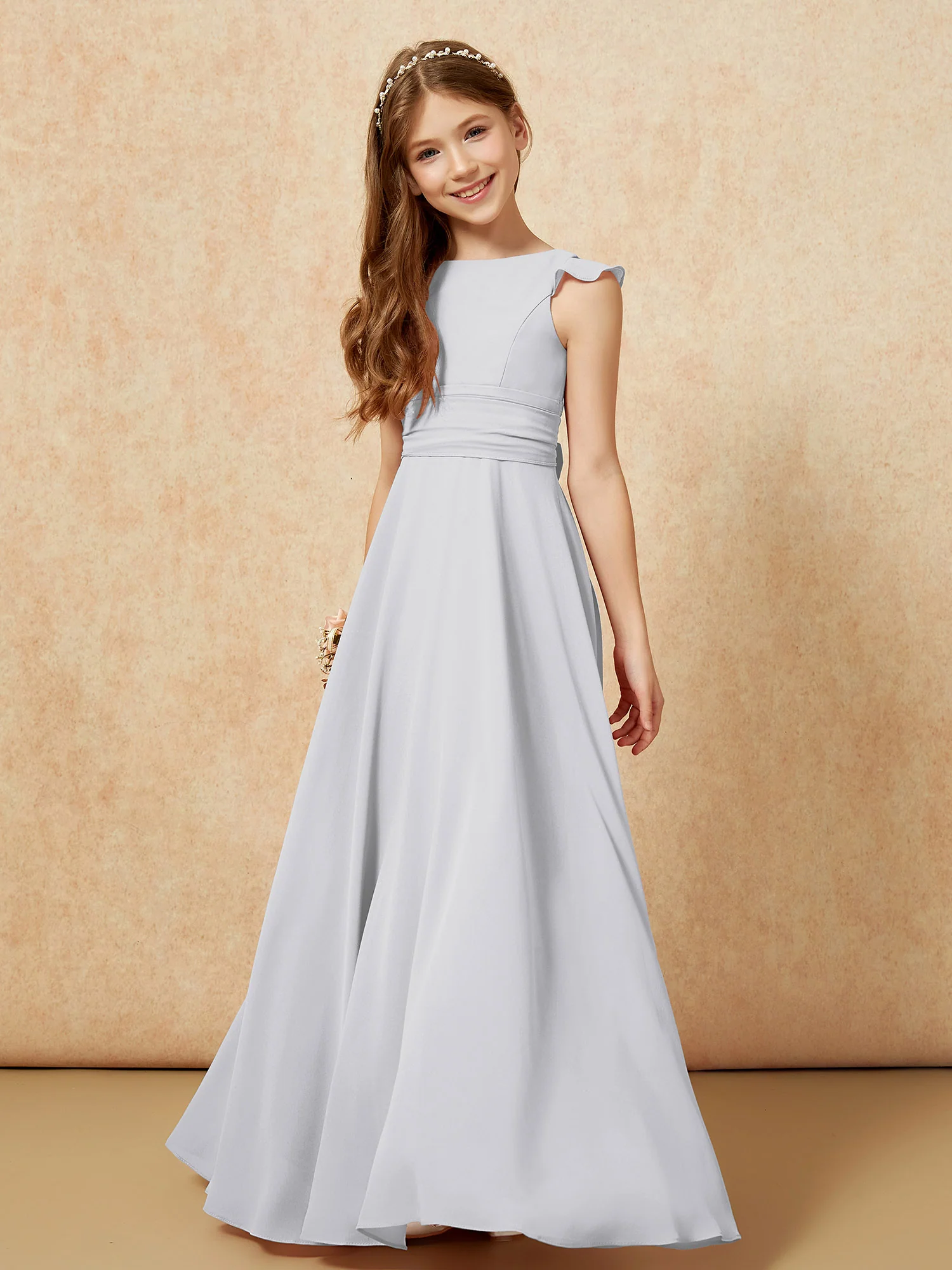 Jewel Neck Flutter Sleeves Chiffon Junior Bridesmaid Dresses Silver - Image 4